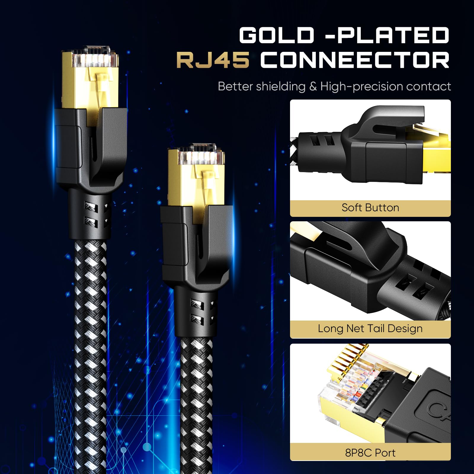 Busohe Cat 8 Ethernet Cable 65 Ft, High Speed 40Gbps 2000Mhz Braided Network Internet Cable With Gold Plated Rj45 Connector, Hea