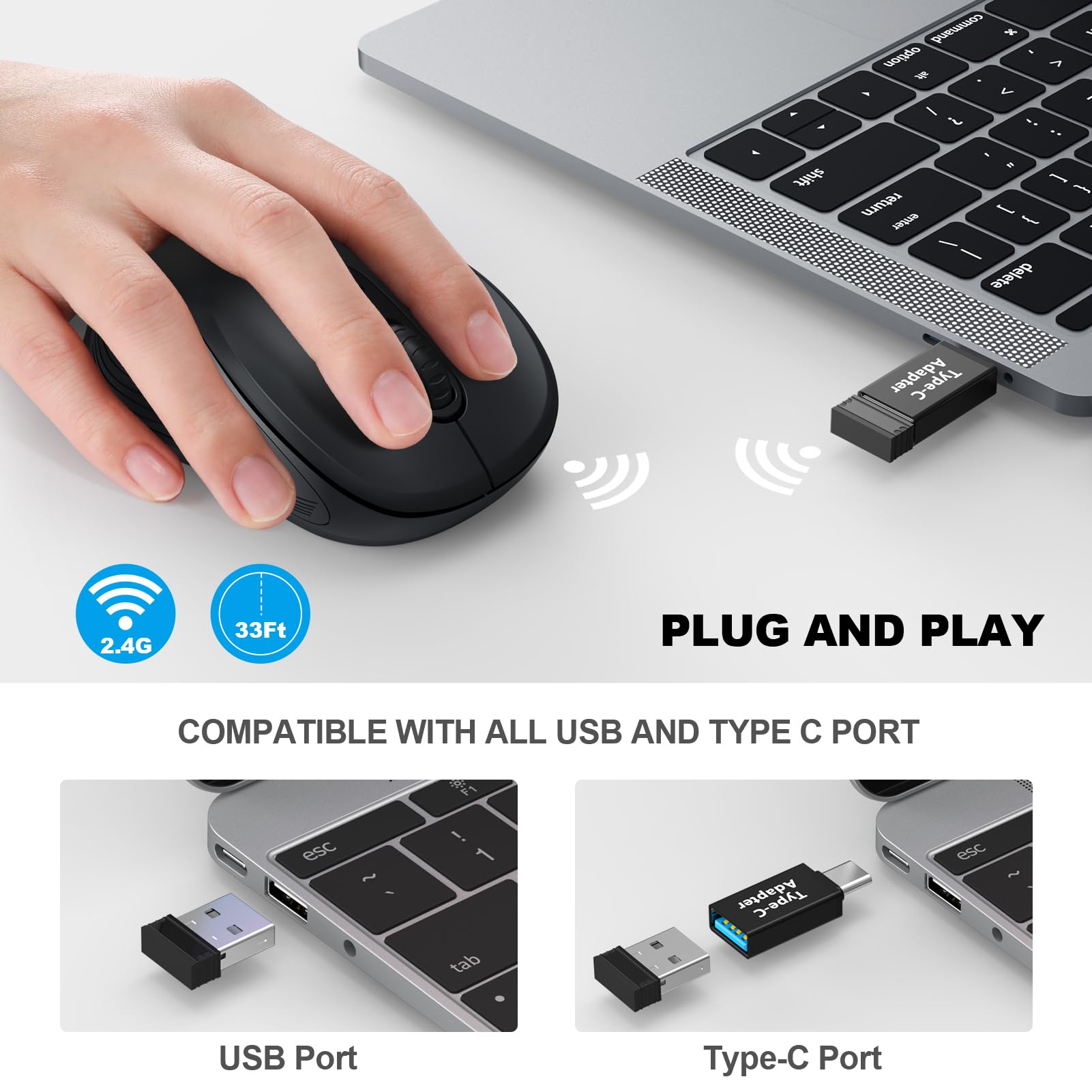 Wisfox 2.4G Wireless Mouse For Laptop, Ergonomic Computer Mouse With Usb Receiver And Type C Adapter, 3 Adjustable Levels, 6 Button Cordless Wireless Mice For Windows Mac Pc Notebook (Black)