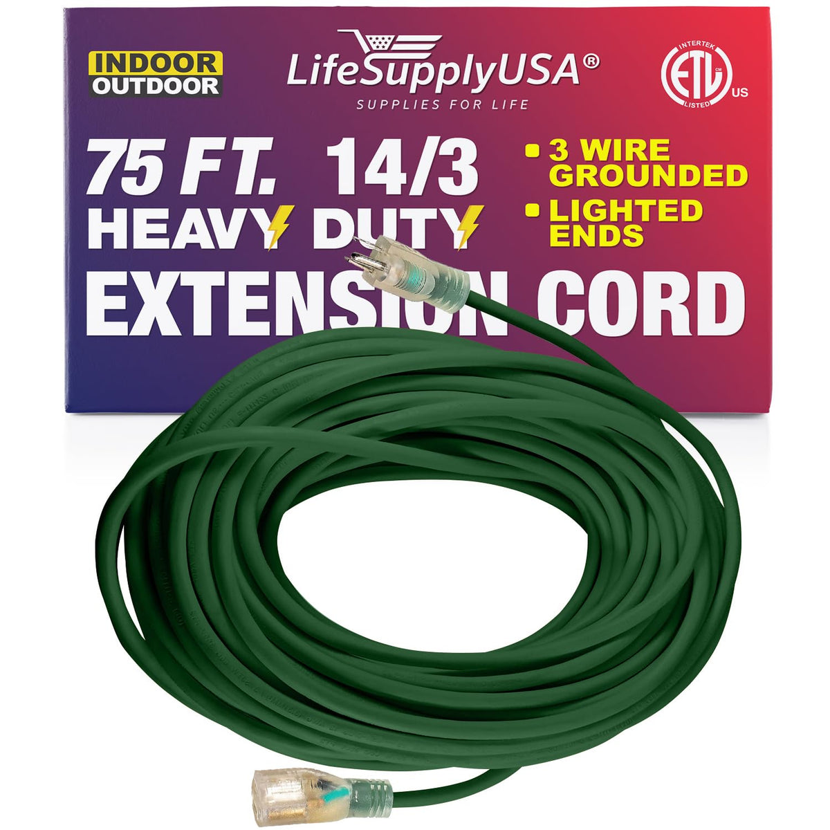 75 Ft Power Extension Cord Outdoor & Indoor Heavy Duty 14 Gauge/3 Prong Sjtw (Green) Lighted End Extra Durability 13 Amp 125 Vol