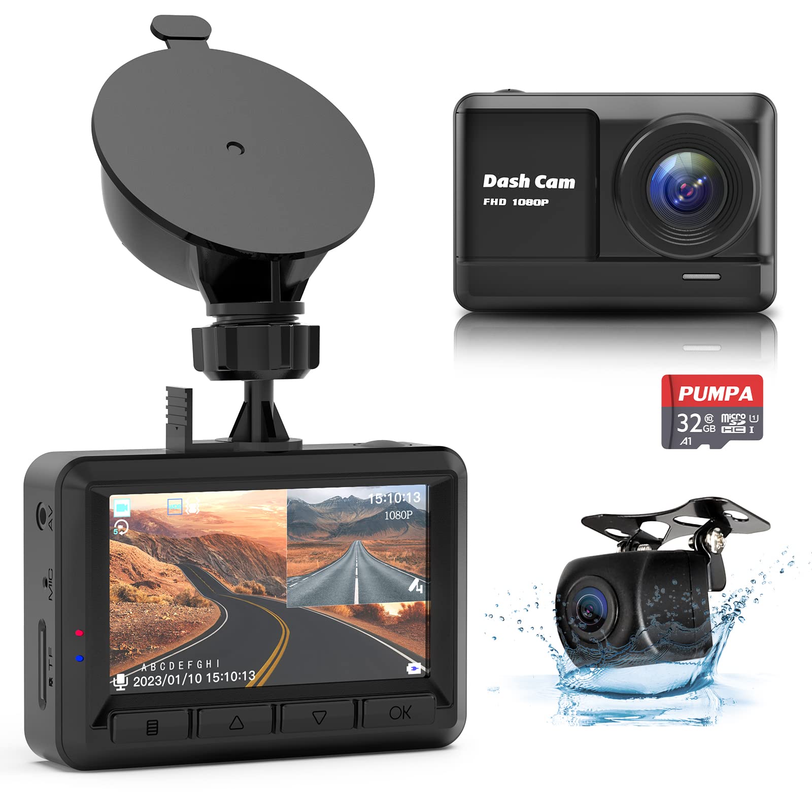 Dash Cam Front And Rear, 1080P Full Hd Dash Camera For Cars With 32Gb Sd Card, 2.45 Ips Screen, 170Wide Angle, Night Vision, P