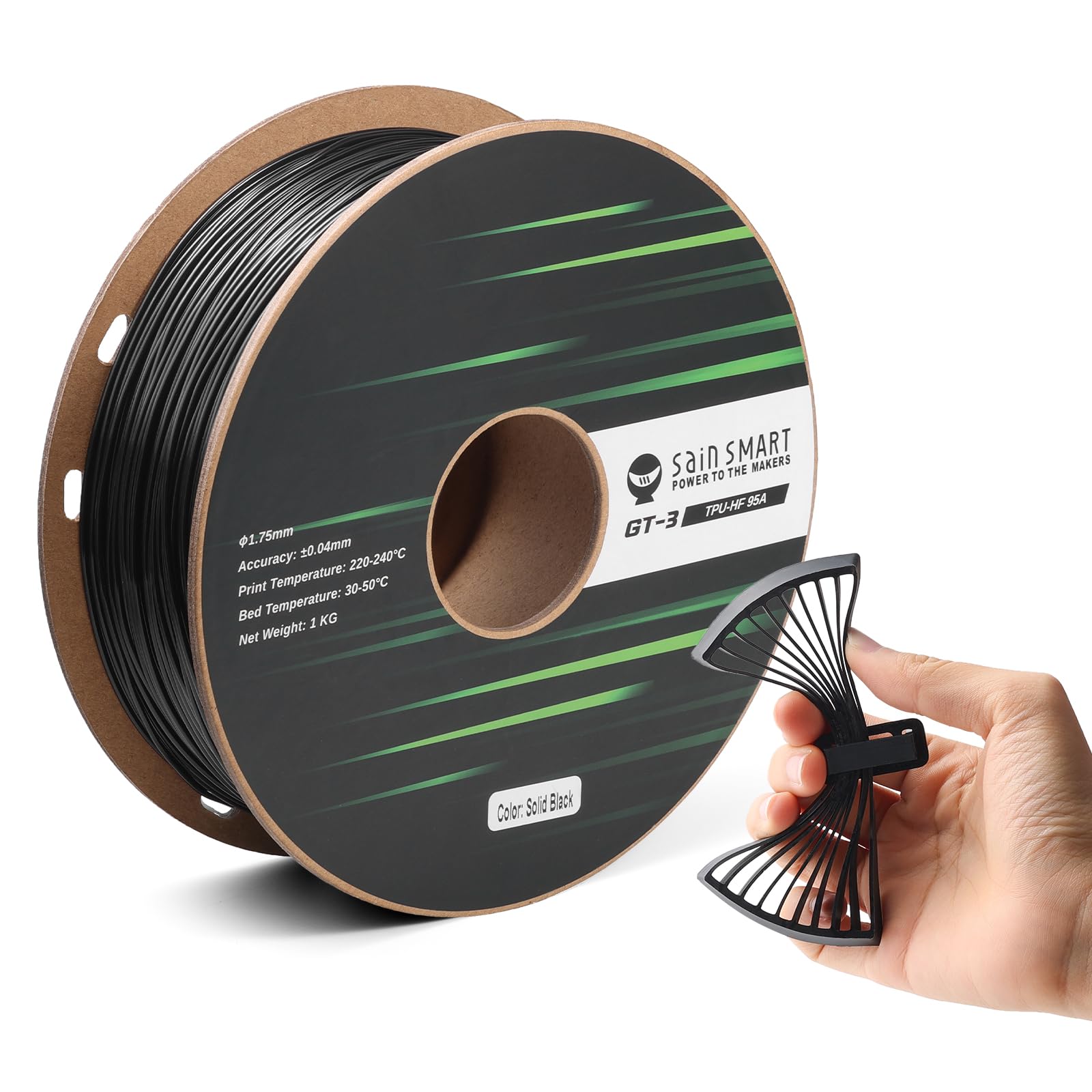 SainSmart TPU Filament 1.75mm, GT-3 Black Flexible 3D Printer Filament for High-Speed Printing 500mm/s, 2.2 LBS (1KG) Spool, Dim