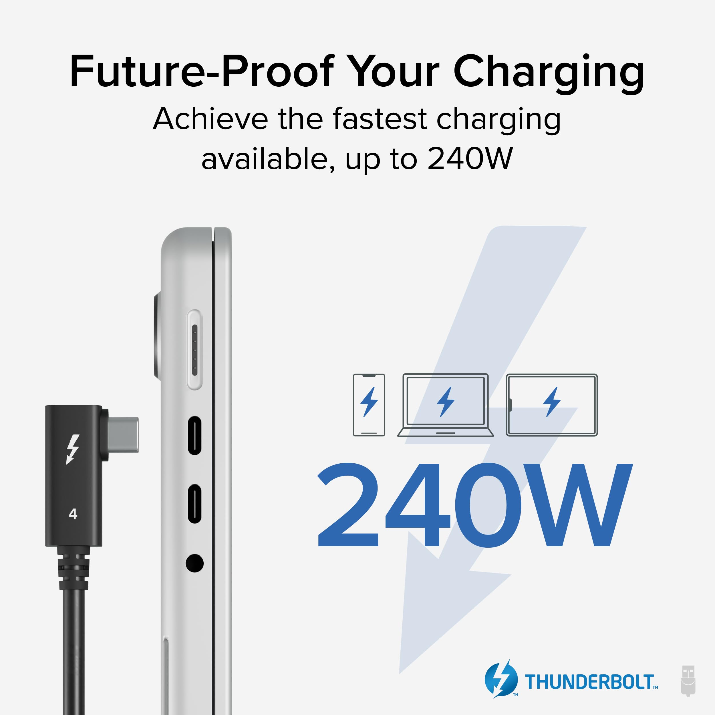 Plugable Thunderbolt 4 Cable Right Angle 40Gbps With 240W Epr Charging, 8K Display, Intel Certified 2.6 Feet (80Cm) Compatible W