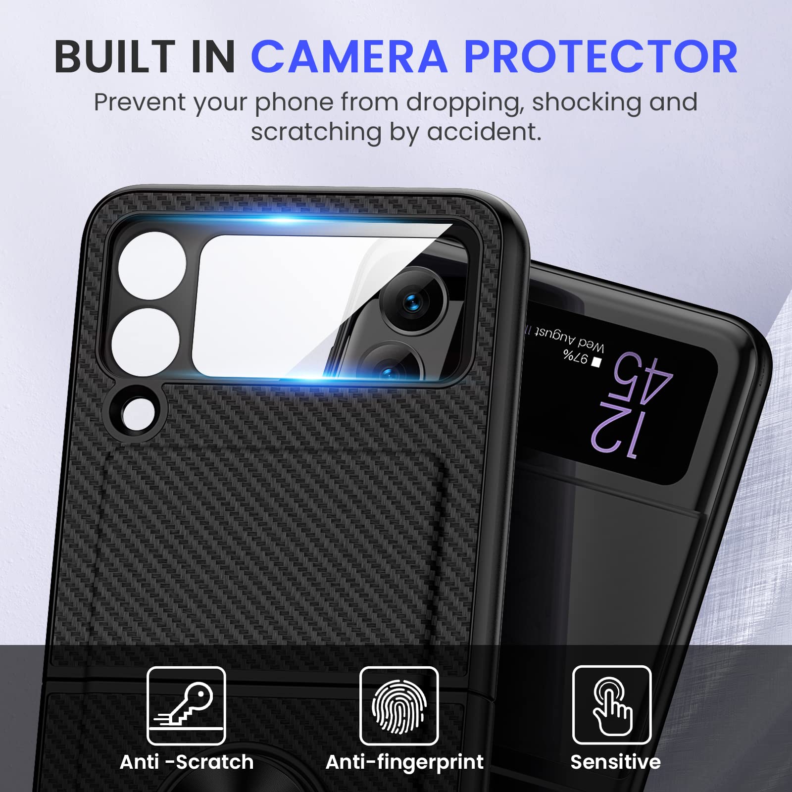 Vego For Galaxy Z Flip 3 Stand Case With Hinge Protection, Full Body Protective Case With Built In Glass Camera Lens Protector F