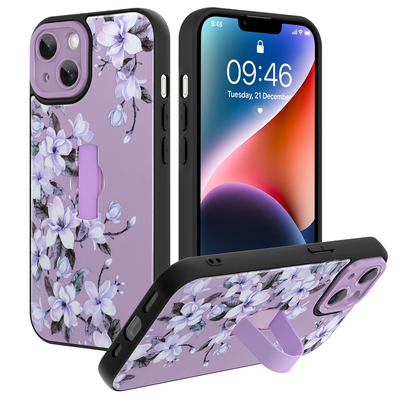 Ufbara Compatible with iPhone 14 Case for Women Men, Cute Flower Floral Pattern, Built in Adjustable Wrist Strap Grip Hand Holde