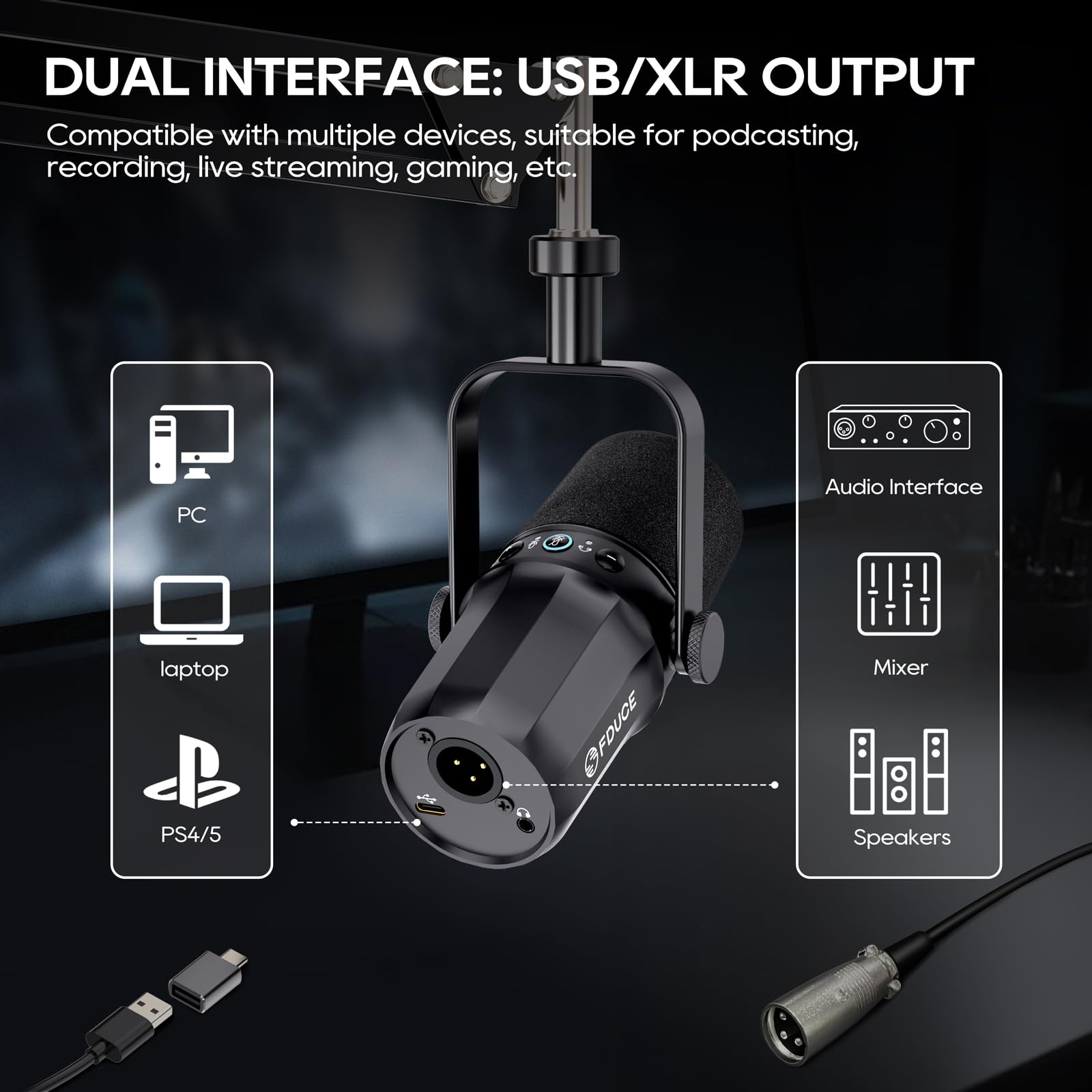 Fduce Sl40+ Dynamic Podcast Microphone,Usb/Xlr Microphone Kit For Streaming&Gaming,Boom Arm Stand Mic,Built In Headphone Output,