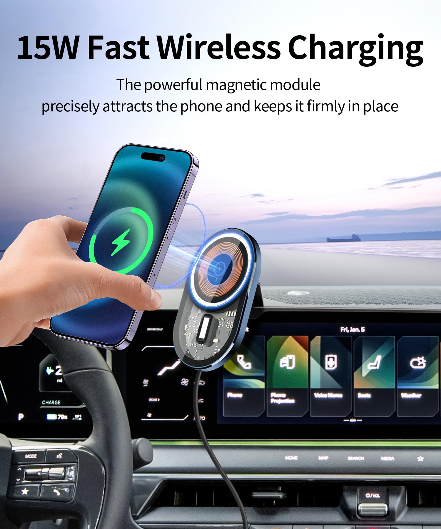Masergogo Wireless Charging Car Phone Holder For Kia Ev9 2024 Accessories 12.3 Inch Screen Fixed Clip,360 Rotation Car Phone Mou