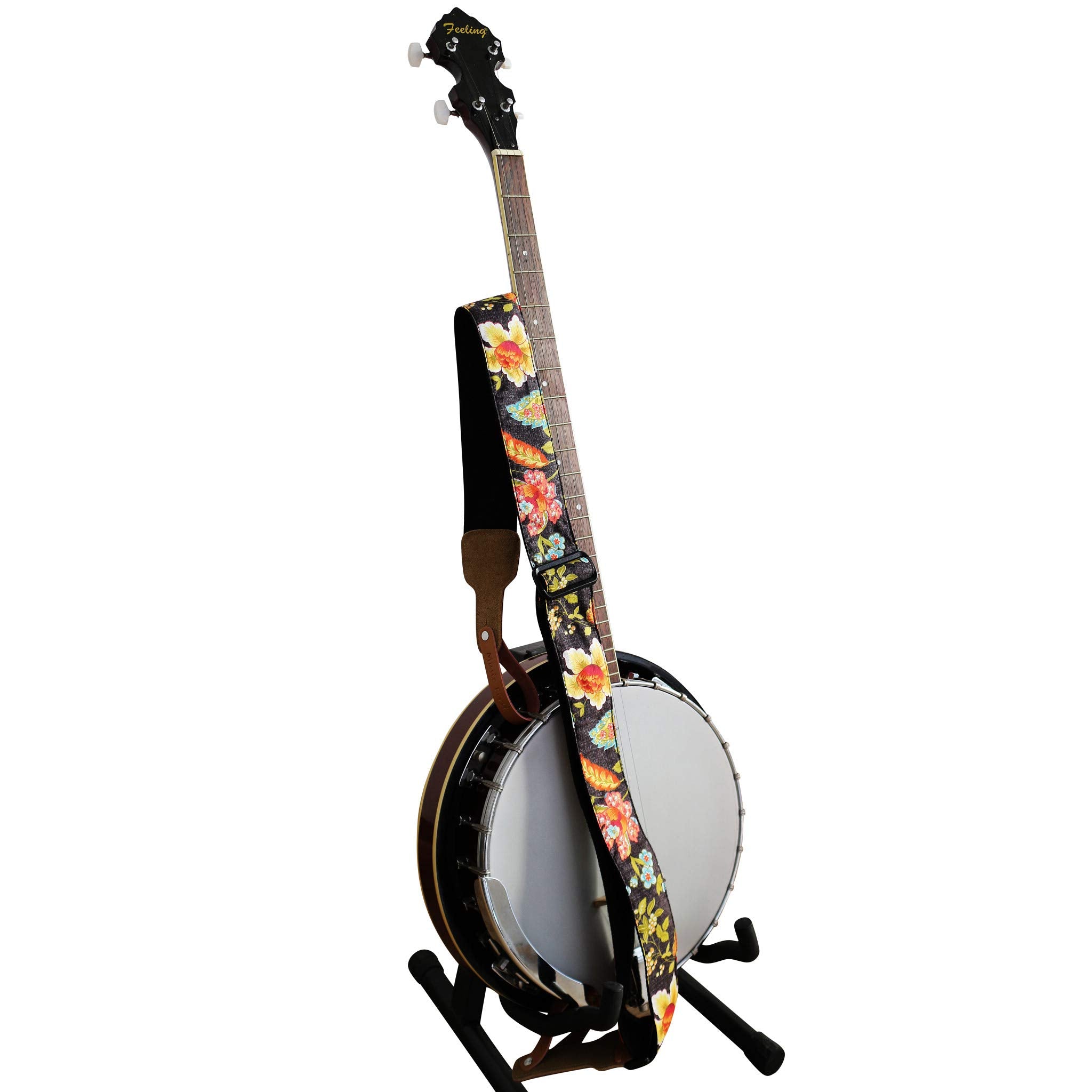 Music First Original Design, 2 Inch Width (5Cm), Vintage French Country Style Floral    Soft Muslin & Genuine Leather Delux Banj