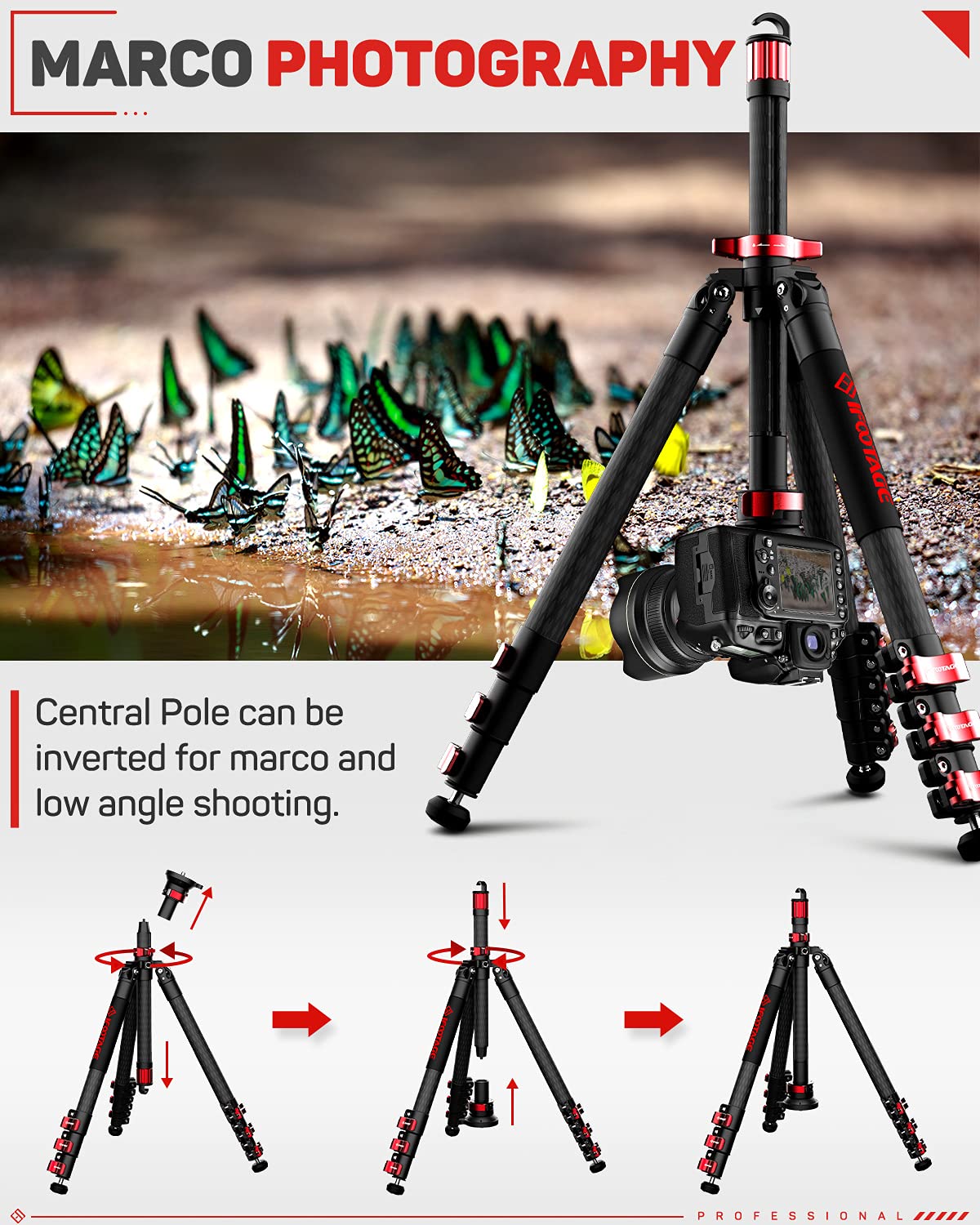 Ifootage Carbon Fiber Travel Tripod, 59'' Professional Video Camera Tripods 4 Sections With Centre Pole,Compatible With Canon, N