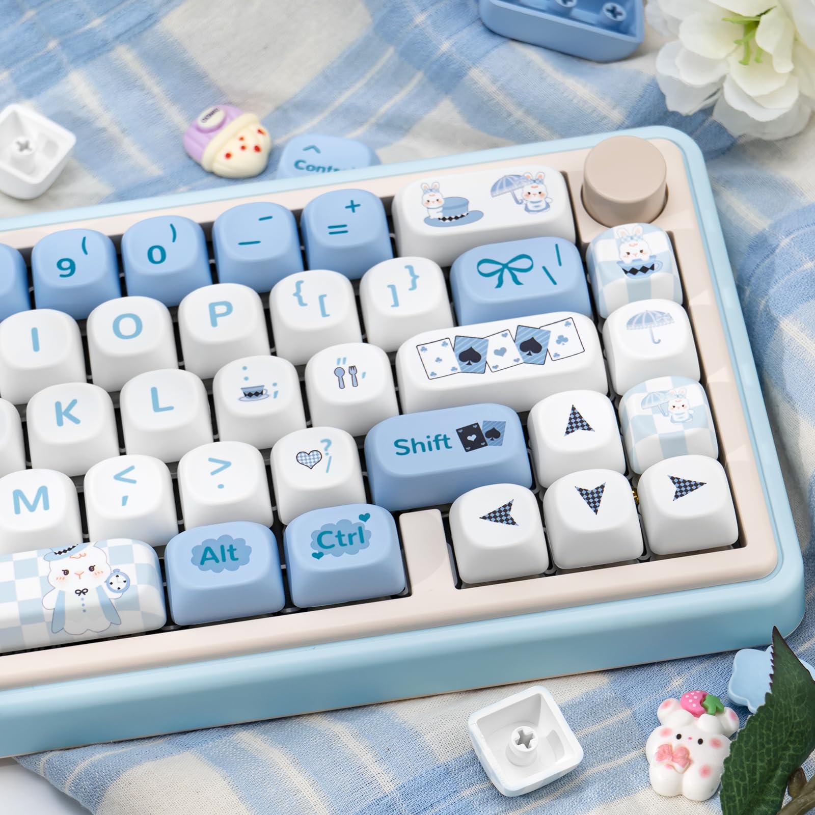 Coomickey Pbt Keycaps, 144 Key Blue Keycaps, Cute Cartoon Moa Keycaps Set, Kawaii Dye Sub Custom Keycap Set For Gateron Kailh Ch