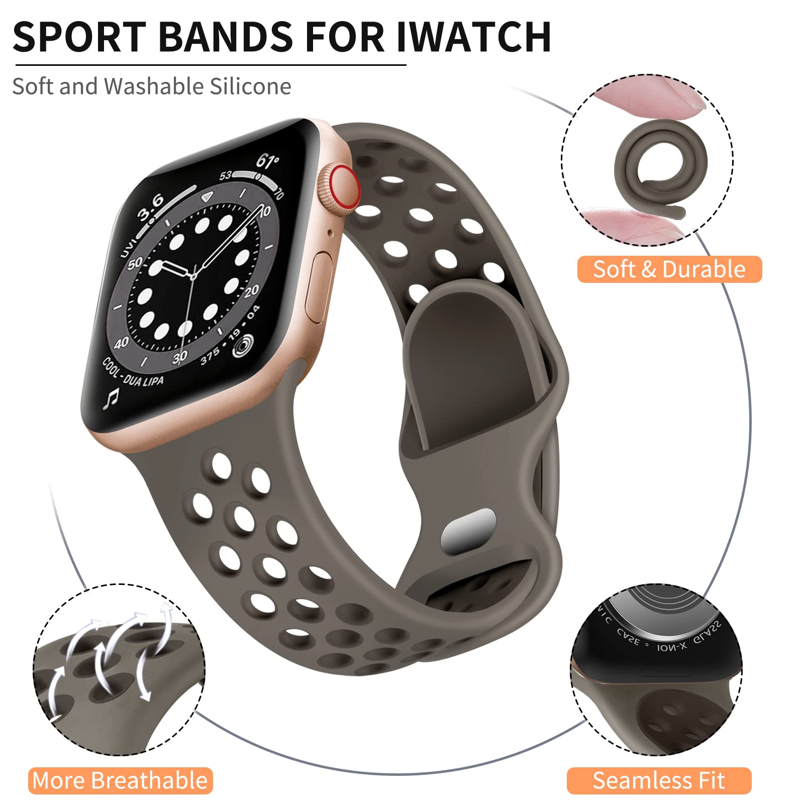 Lerobo Sport Bands Compatible For Apple Watch Band 45Mm 44Mm 42Mm 49Mm Women Men,Soft Silicone Replacement Bands For Apple Watch Ultra 2 Se Iwatch Series 9 8 7 6 5 4 3 2 1,Olivegrey/Coffeegrey