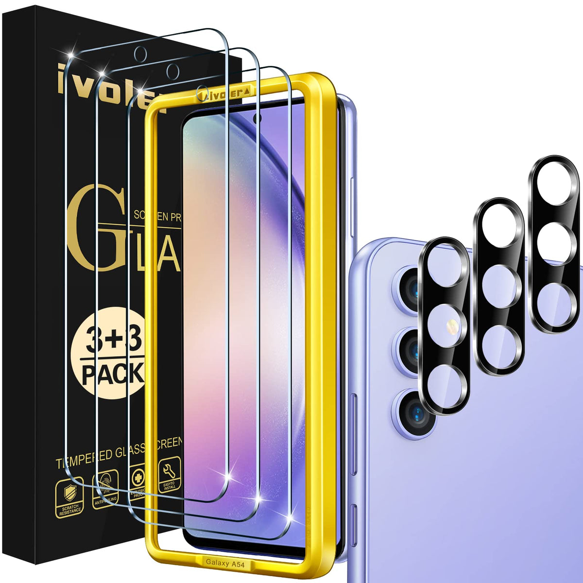 Ivoler [3+3 Pack] Screen Protector For Samsung Galaxy A54 5G 6.4'' 2023 [3 Pack] With [3 Pack] Camera Lens Protector Tempered Gl