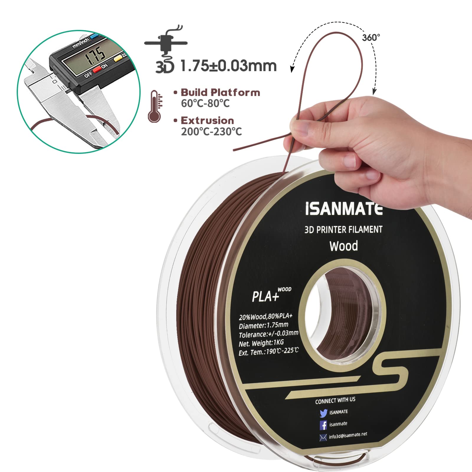 Isanmate Wood Pla Filament, Sandal Wood Filament 1.75Mm, 3D Printer Filament 1 Kg Spool (Update 20% Real Wood Fiber)