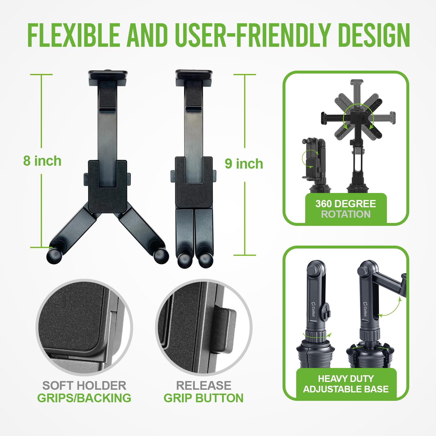 Cellet Universal 360 Adjustable Cup Holder Tablet Automobile Mount Cradle Compatible To Apple Ipad Pro 12.9 Ipad 9.7 Inch Air 20