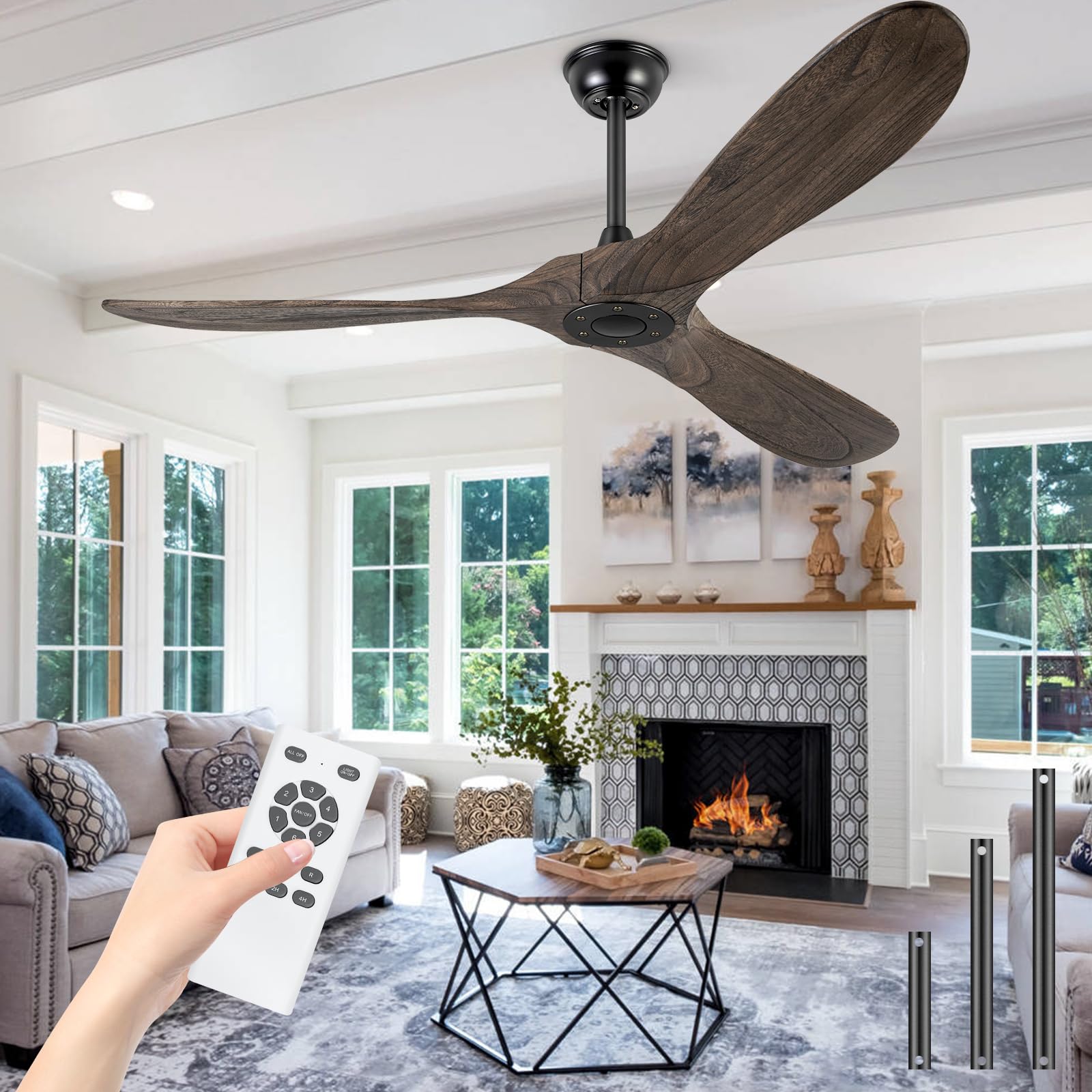 Boosant 52'' Ceiling Fans Without Light, Solid Wood Ceiling Fan With Remote Control And Dc Motor, No Light, Modern Ceiling Fan W