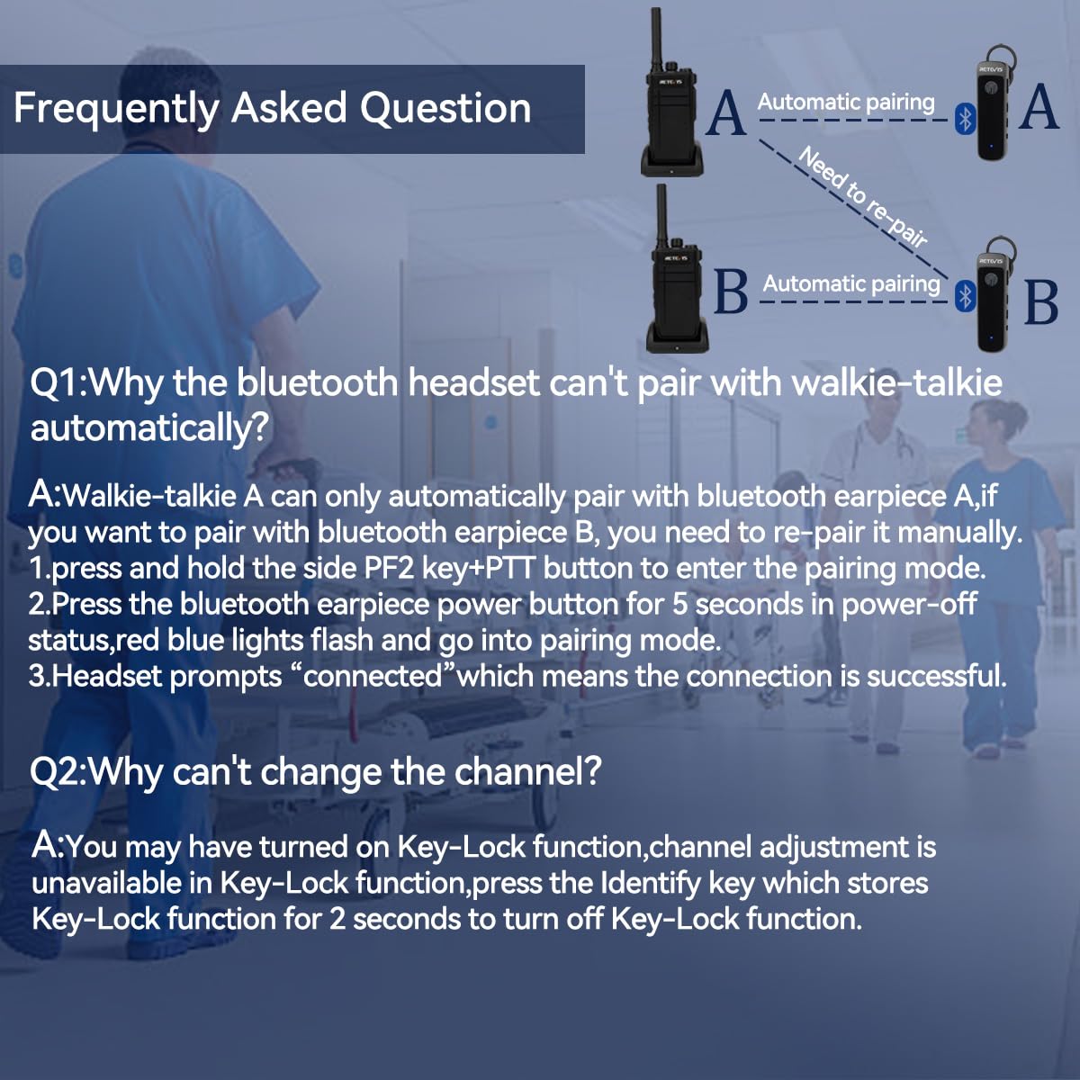 Retevis Rb37 Bluetooth Walkie Talkies, Bluetooth Two Way Radio With Wireless Earpiece, Flashlight, 2000 Mah&120H Standby, Type-C