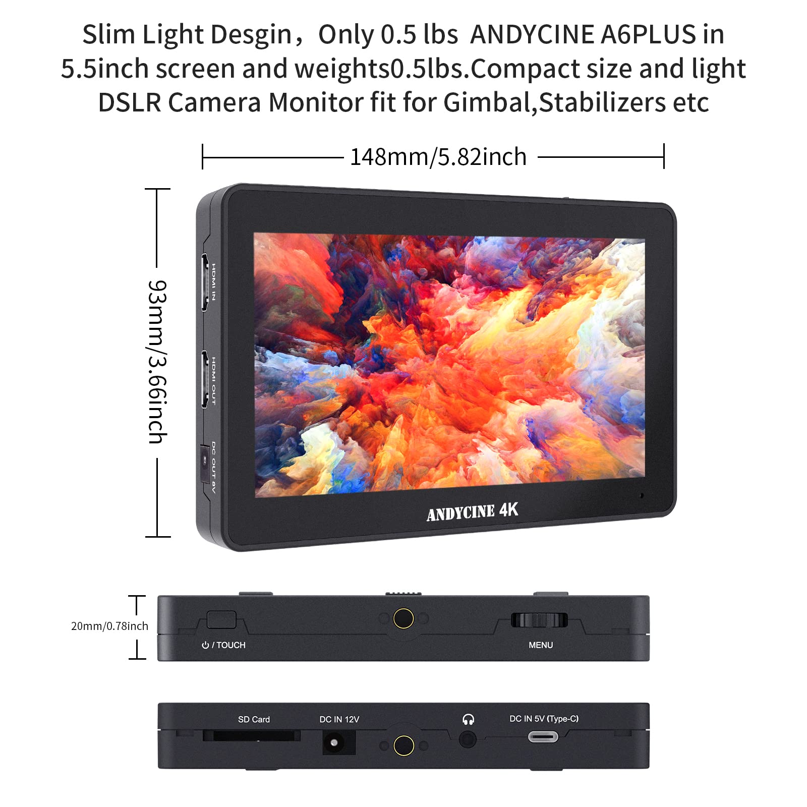 Andycine A6 Plus V2 6'' Touch Screen Camera Field Monitor Bundle   Full Hd 1920X1080, 4K Hdmi Input, 3D Lut, Waveform, Focus Ass