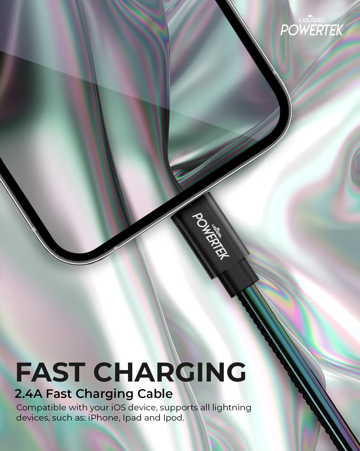 Liquipel Powertek Iphone Charger Cable, 6 Ft Fast Charging Lightning To Usb Cord Adapter, Compatible For Ipad, Mfi Certified, Metallic Shine (Black)