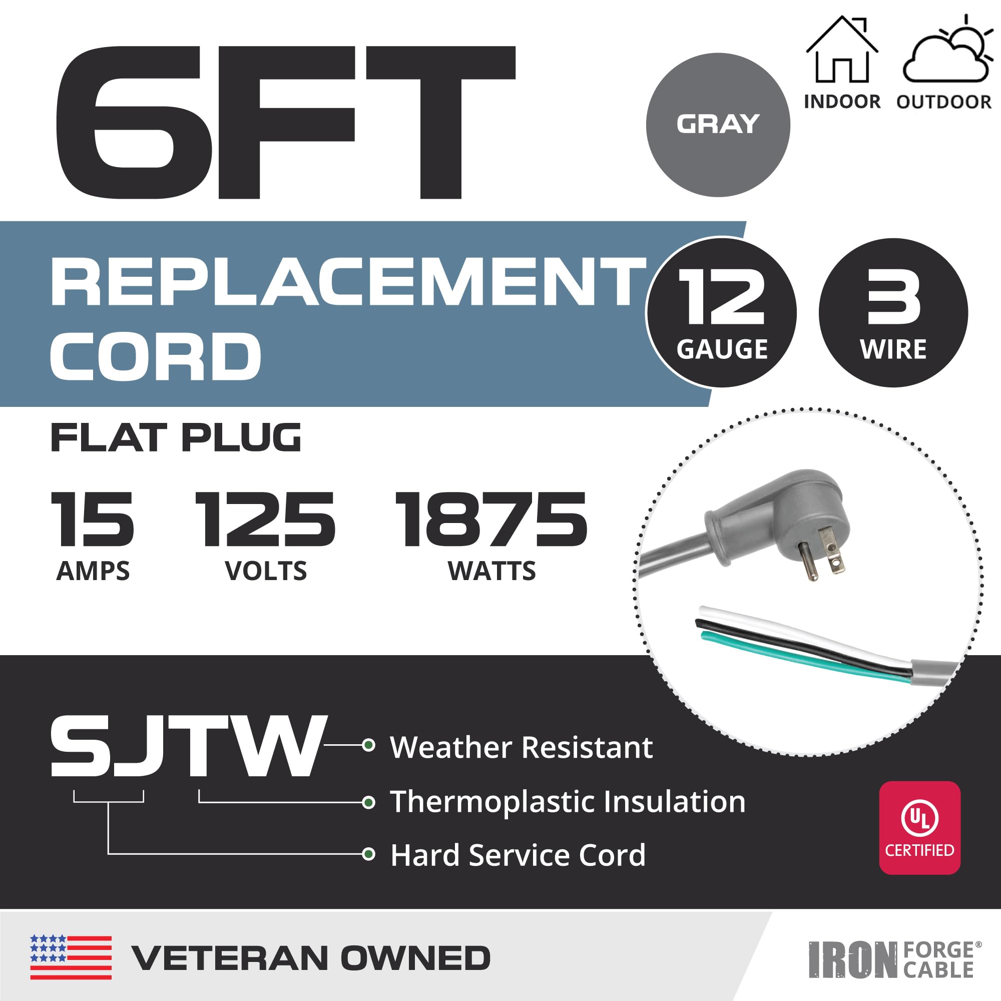 Iron Forge Cable Flat Plug Replacement Power Cable With Open End   12/3 6 Ft Gray Appliance Extension Cord 15 Amp, 12 Awg Power