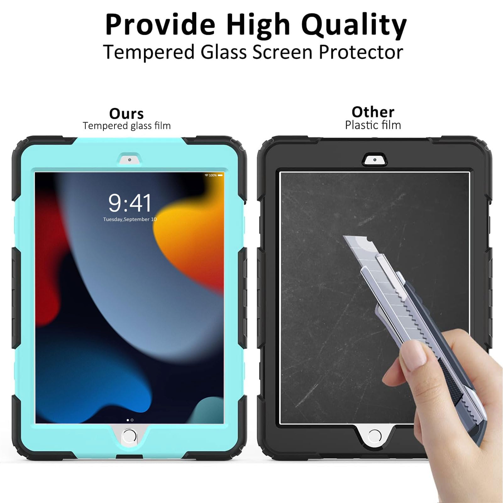 Ipad 9Th/8Th/7Th Generation Case, Ipad 10.2 Case 2021/2020/2019, [Kid Proof] Ambison Drop Proof Case With 9H Screen Protector, Rotatable Kickstand & Hand Strap, Shoulder Strap (Sky Blue & Black)