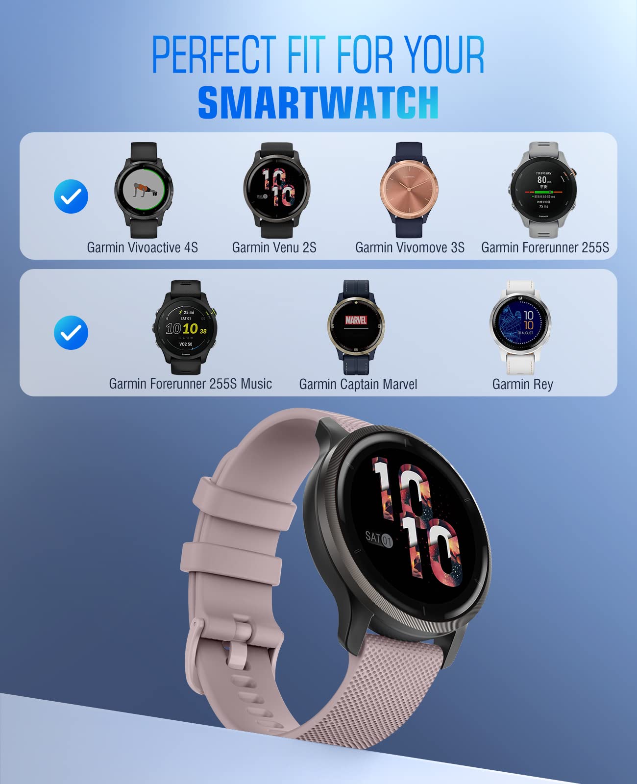 MoKo Watch Band Compatible with Garmin Forerunner 265S/255S/255S Music/Vivoactive 4S/Venu 3S/Venu 2S/Vivomove 3S Smartwatch, 18MM Soft Silicone Adjustable Replacement Strap, Rose Pink