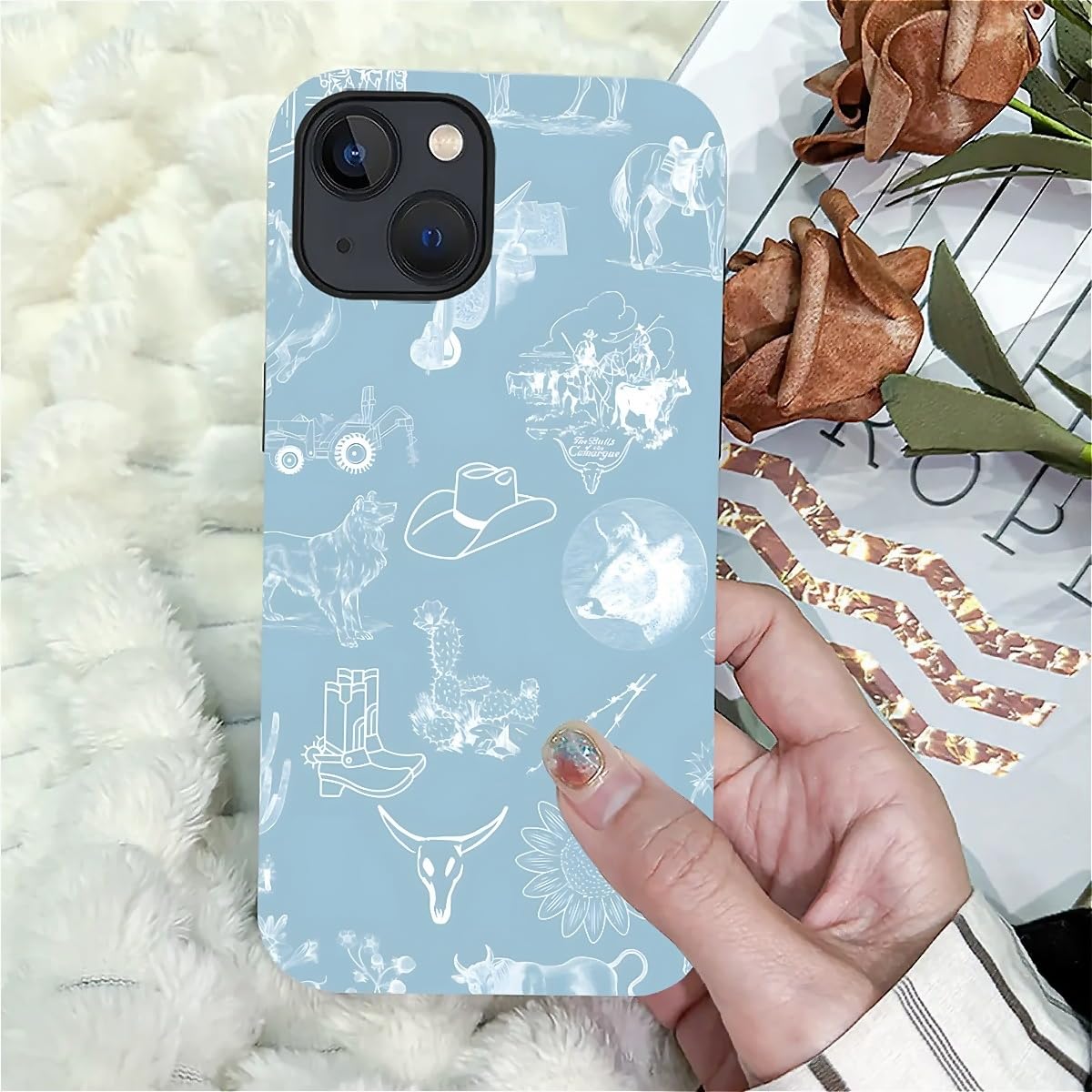 Akinmi Case For Iphone 13/14,Blue Shadow Horse Exquisitely Pattern Double Protective Phone Cover Cases Soft Silicone For Iphone