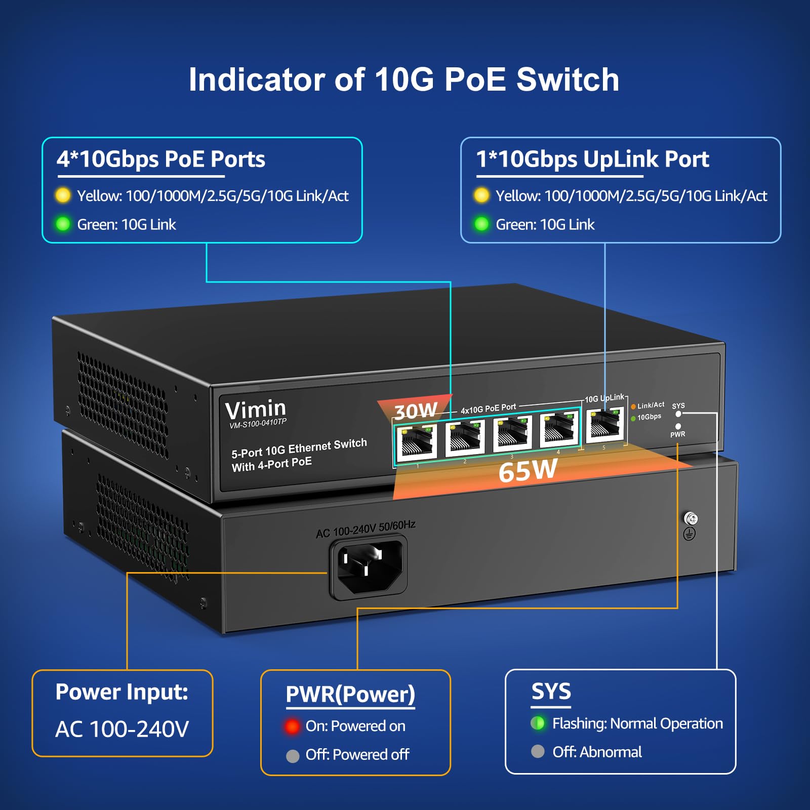 4 Port 10G Poe Switch Unmanaged With 10G Uplink Port, Vimin 4 Port 10Gbe Poe Network Switch, Auto Negotiation, For 10G Nas Netwo