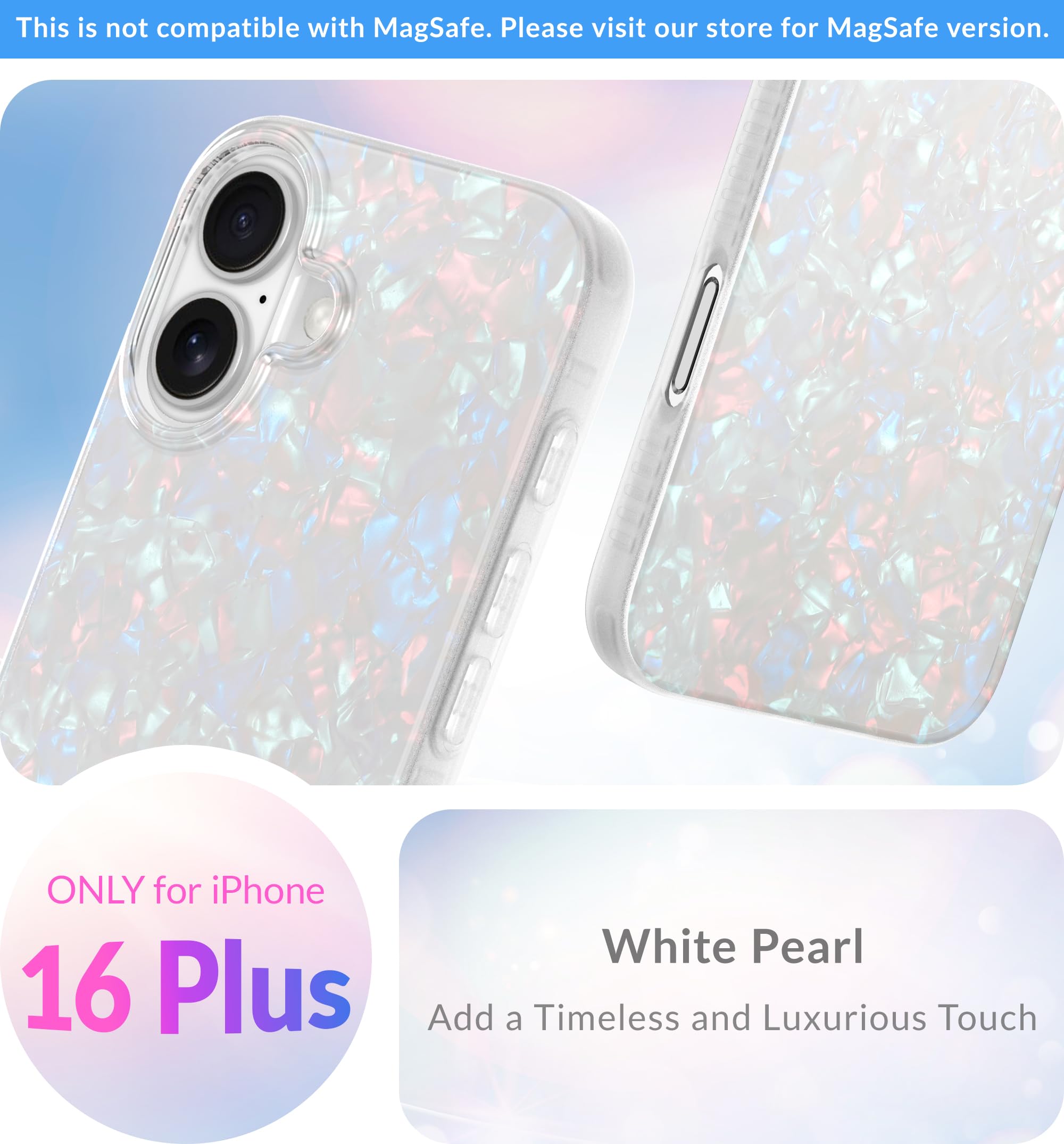 Lonli Hue   For Iphone 16 Plus Case   White Pearl Tort Phone Case   Cute, Unique And Aesthetic Phone Cover   [360 Shock Absorben