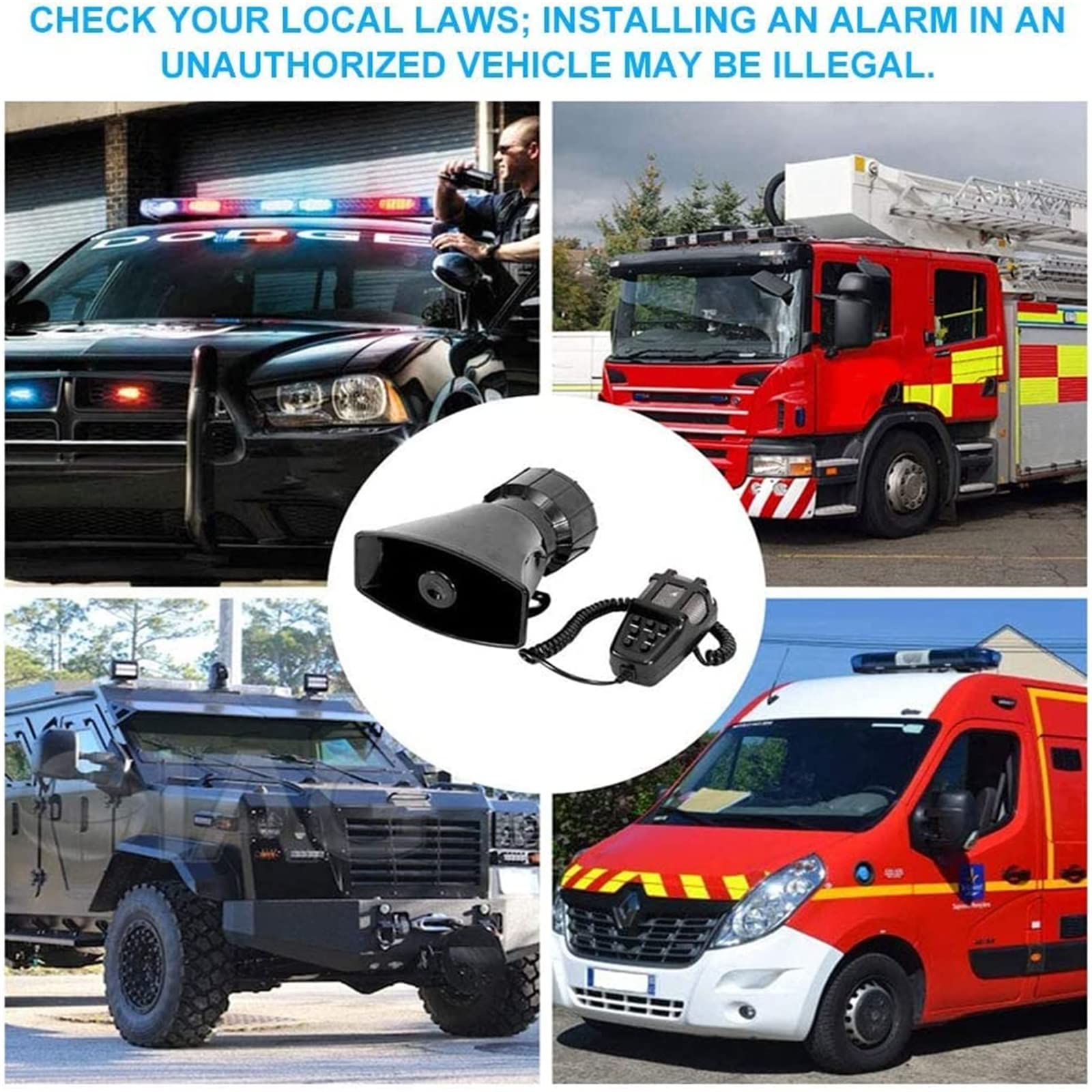 Rulline 5 Tone Sound Car Siren Vehicle Horn With Mic Pa Speaker System Emergency Sound Amplifier   60W Electric Ambulance/Horn H