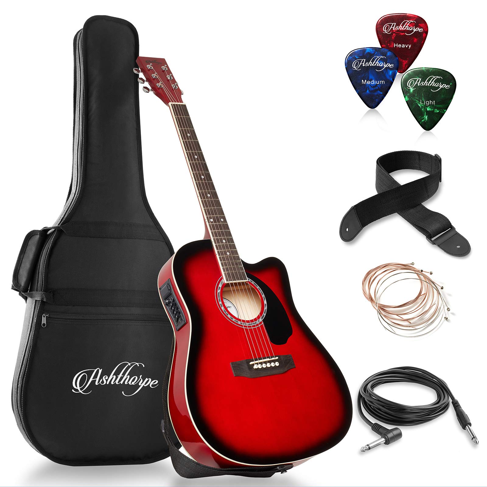 Ashthorpe Full Size Cutaway Thinline Acoustic Electric Guitar Package   Premium Tonewoods   Red