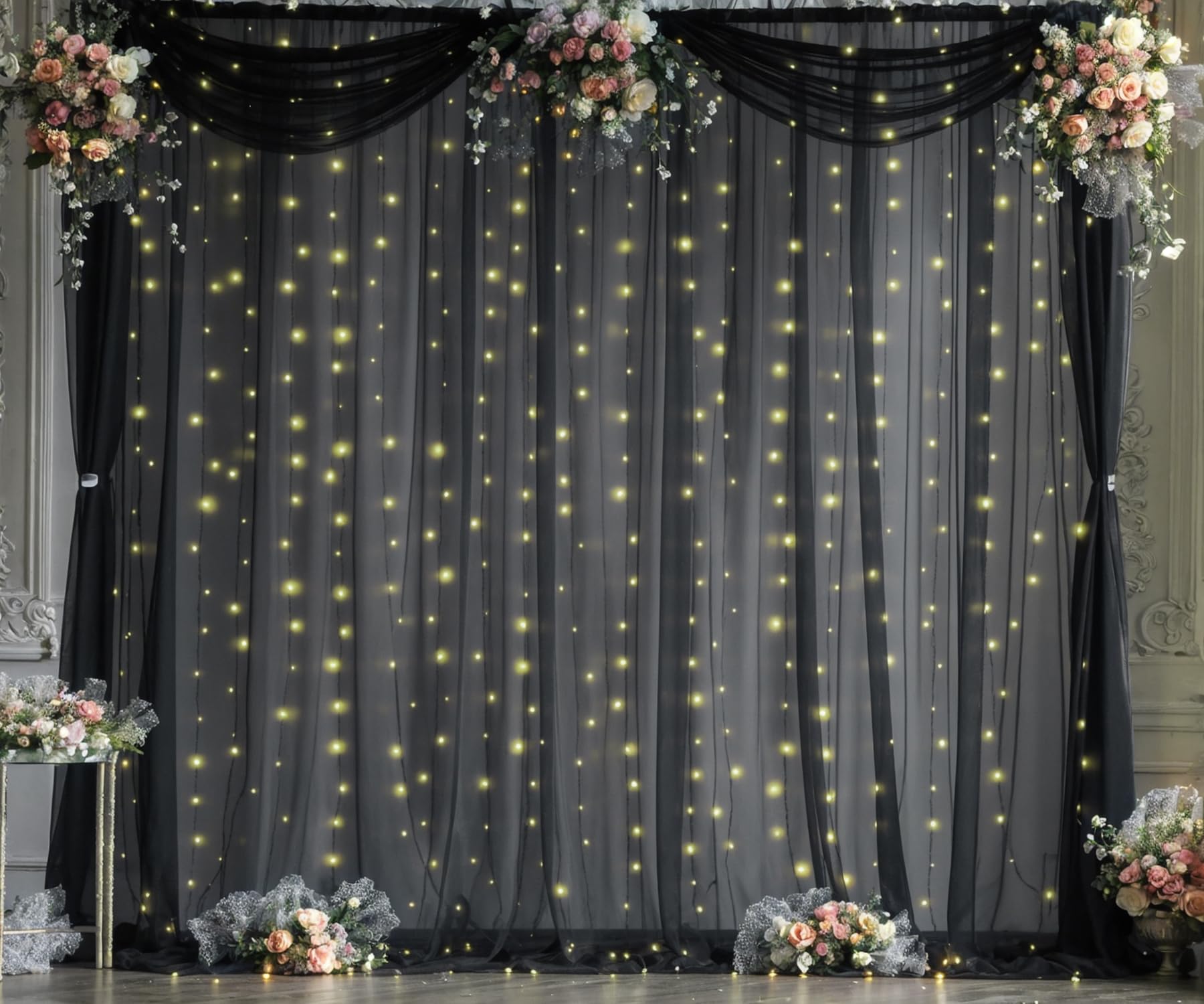 Black Sheer Backdrop Curtains With Lights String For Parties Birthday 10Ft    8Ft Black Tulle Backdrop Curtain For Baby Shower W
