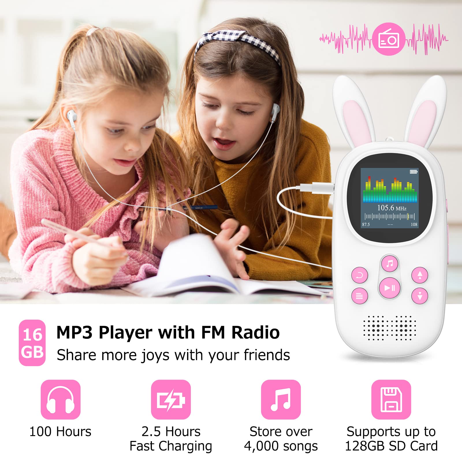 16Gb Music Mp3 Player For Kids, Cute Bunny Kids Music Mp3 Player With Bluetooth, Mp3 & Mp4 Players With Speaker, Mp3 Player With