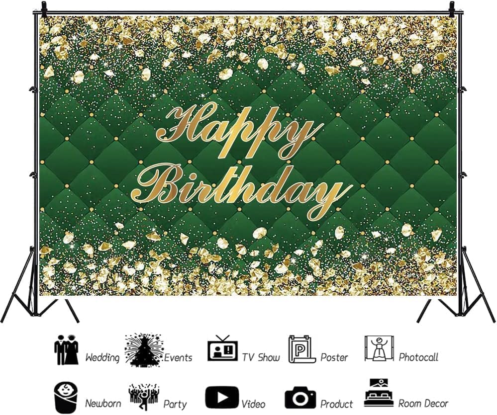 Renaiss 7X5Ft Happy Birthday Backdrop Banner For Photoshoot Portrait Gold Diamonds Green Photography Background For Men Women 30