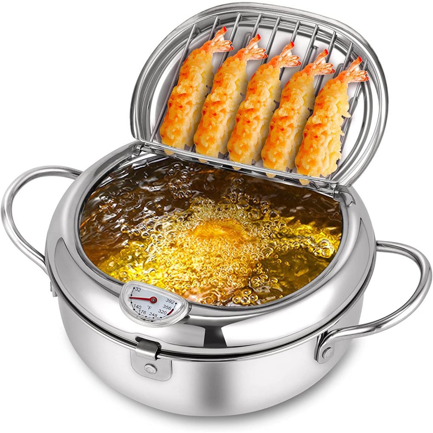 Large Tempura Frying Pot with Lid. Deep Fry Pot with (F) Thermometer and Oil Drip Drain Rack for family of 4-6 people 11 4.4Qt