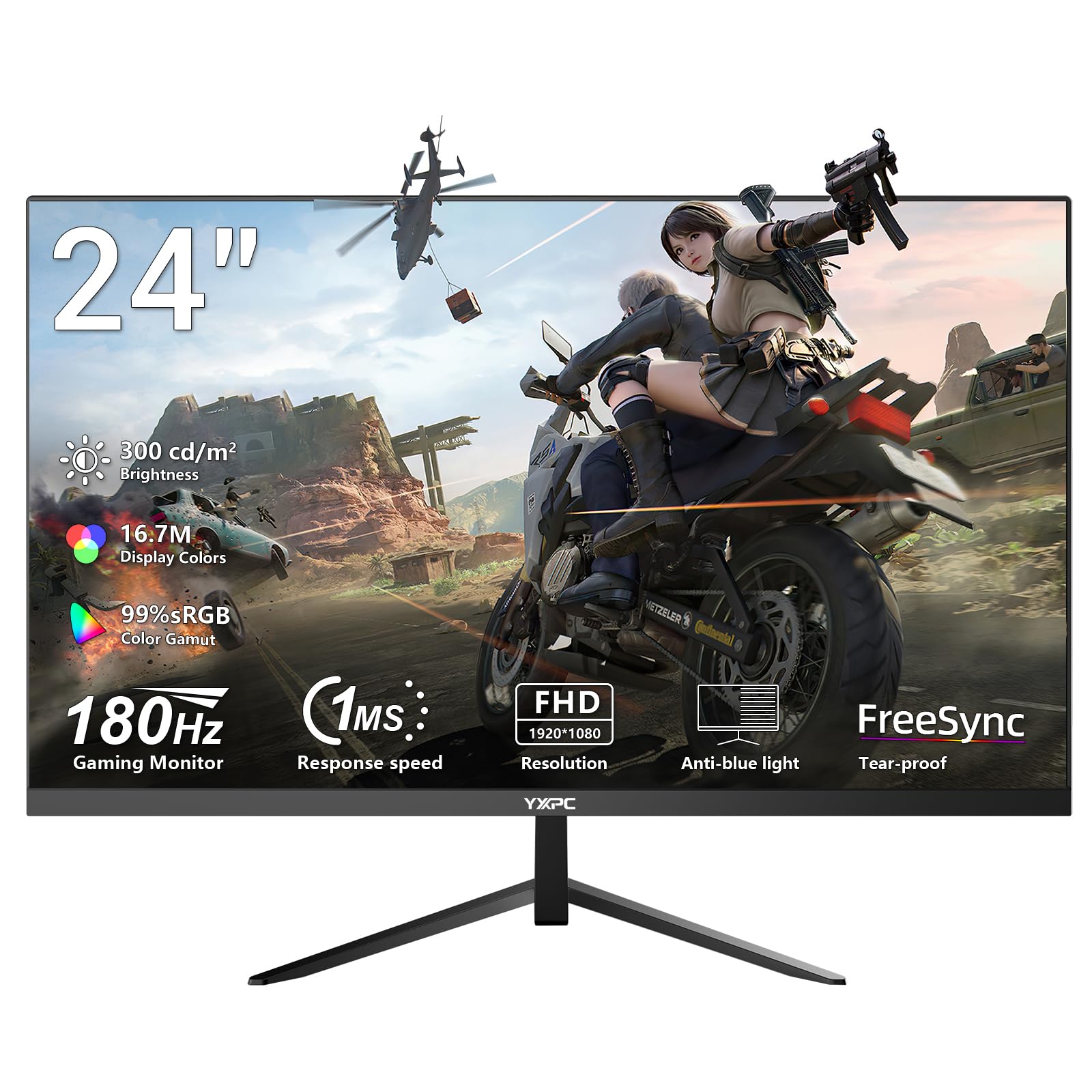 YXPC 24 Inch Computer Monitor, 180Hz FHD 1080P VA Screen, 99% sRGB, 1ms, Frameless Design for Work and Play, HDMI, DP, VESA