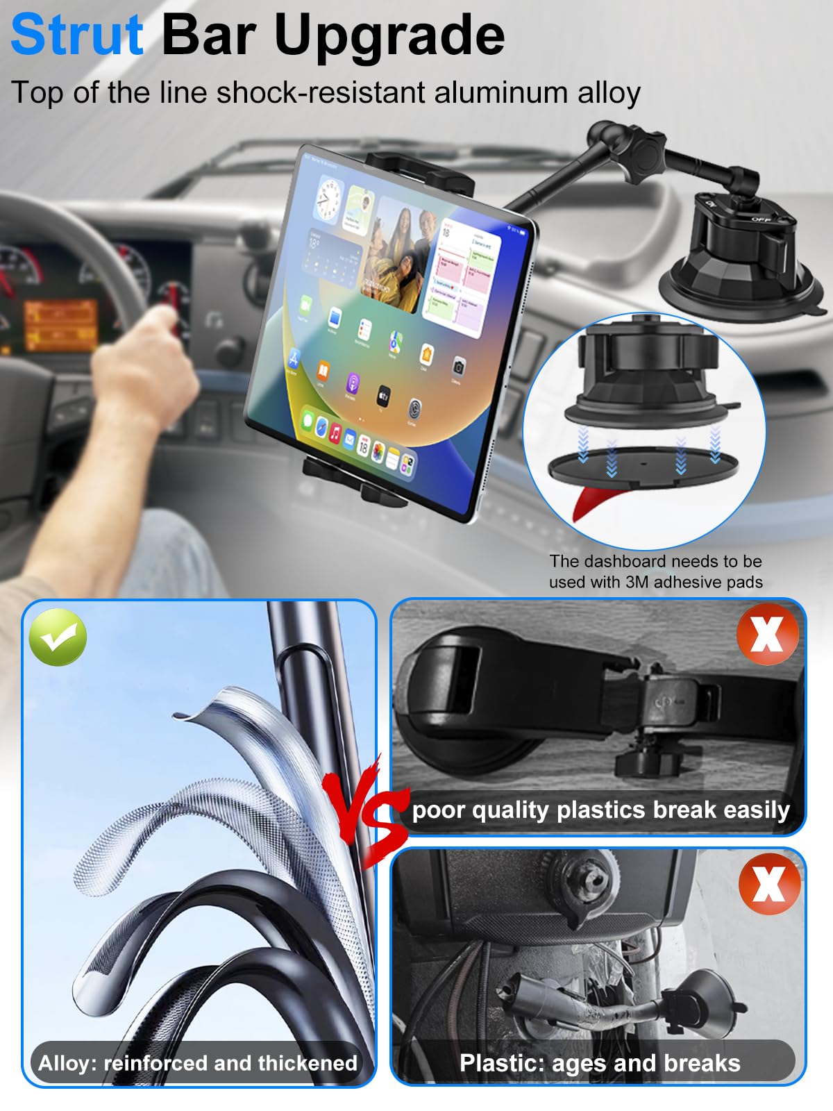 Kolasels Tablet Holder Mount For Car [Latest Anti Shake] Dashboard Windshield Sunroof Tablet Stand For Truck/Car/Picku/Van, Heavy Duty Metal Tablet Mount For 4 12.9' Ipad Pro Air Mini, Z Fold, Iphone