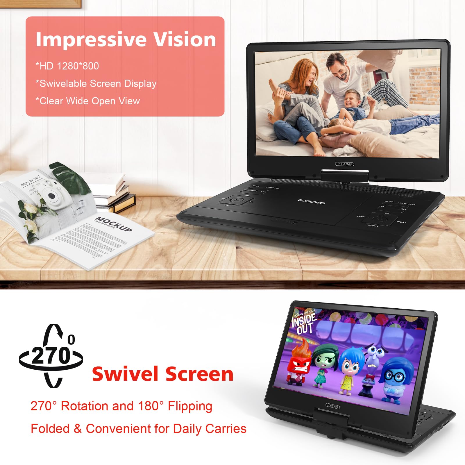16.9'' Portable Dvd Player With 14.1'' Large Hd Screen,High Volume Speaker,With Extra Carrying Bag,Supports 4 6 Hours Built In B