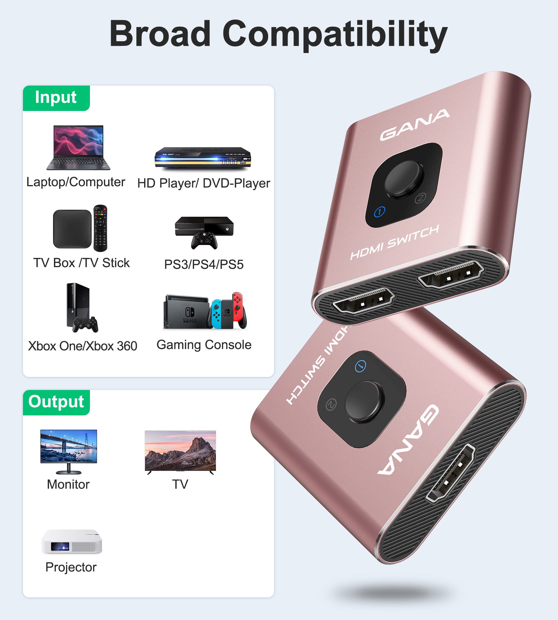 Hdmi Switch 4K@60Hz Splitter, Gana Aluminum Bidirectional Hdmi Switcher 2 In 1 Out, Manual Hdmi Hub Supports Hd Compatible With