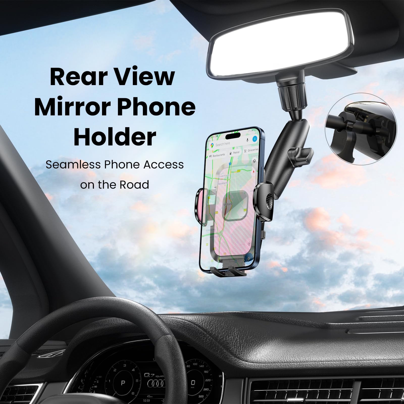 Jdhdl Rear View Mirror Phone Holder, 360 Rotating Car Phone Holder Mount Compatible With All 4-7 Inch Iphone And Android Cell Ph