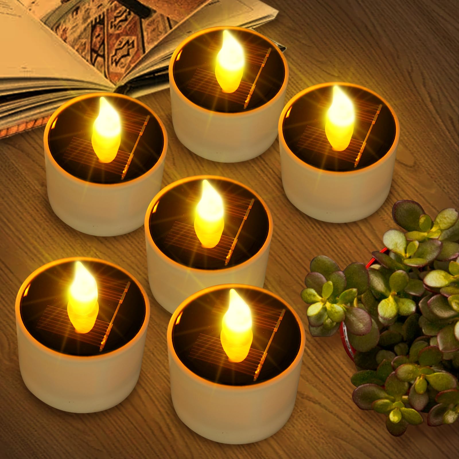 Solar Tea Lights Outdoor Waterproof - 6 Pack Flameless Flickering Solar Candles Reusable LED Tea Light Candles Rechargeable Dusk