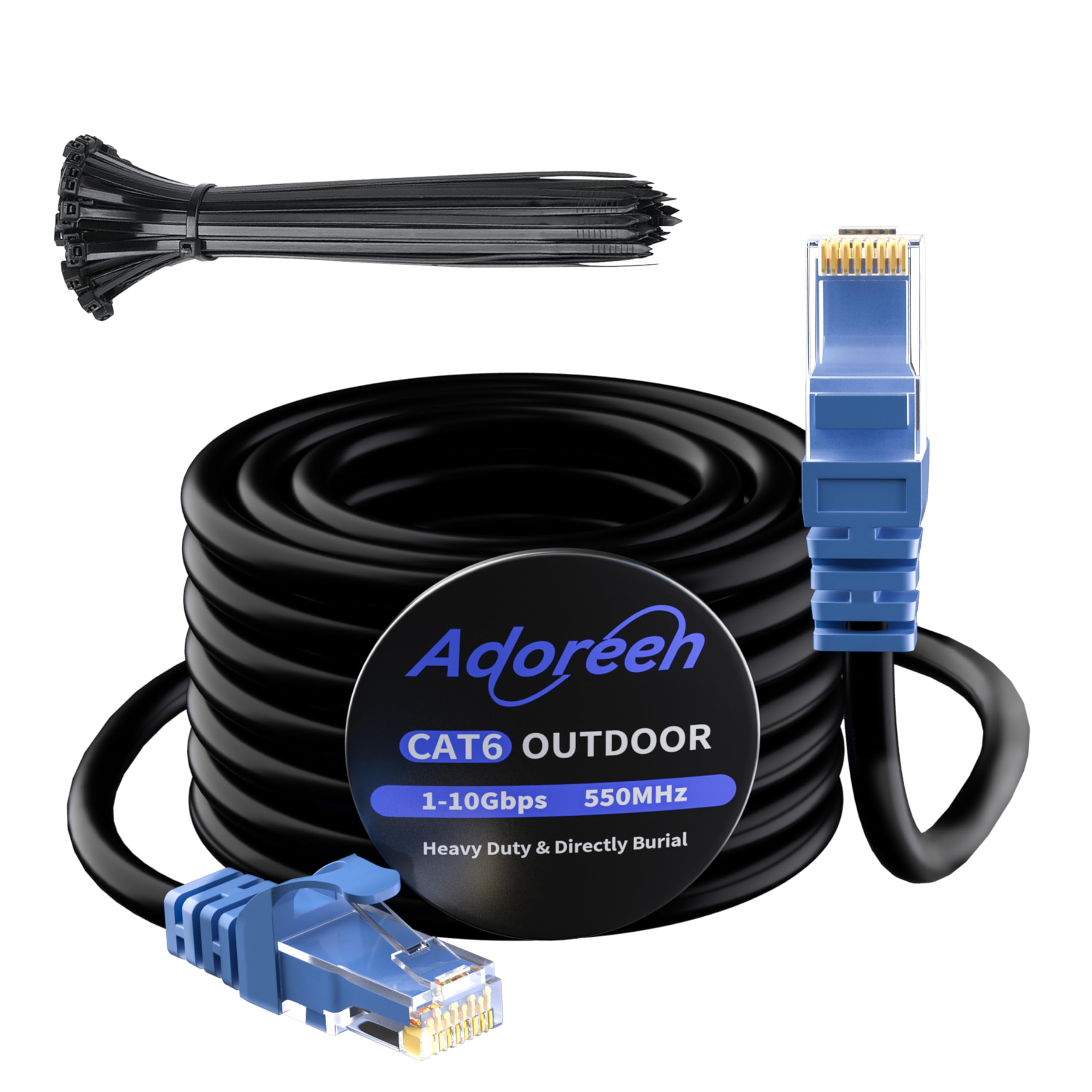 Adoreen Cat 6 Outdoor Ethernet Cable 25 Ft Black, High Speed Heavy Duty Long Internet Network Cable For Poe Camera Cat 5 5E Rj45 Lan Patch Cable Cord, Sturdy Waterproof Direct Burial+25 Ties