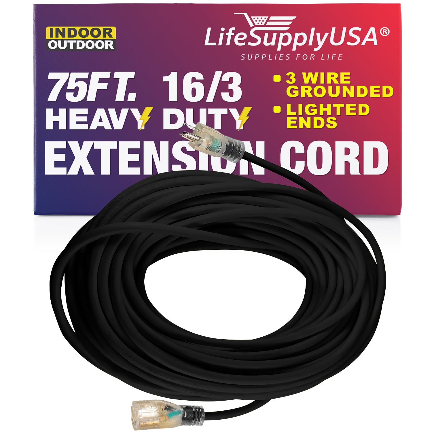 Lifesupplyusa Power Extension Cord   75 Ft Outdoor & Indoor Heavy Duty 16 Gauge/3 Prong Sjtw (Black) Lighted End Extra Durabilit