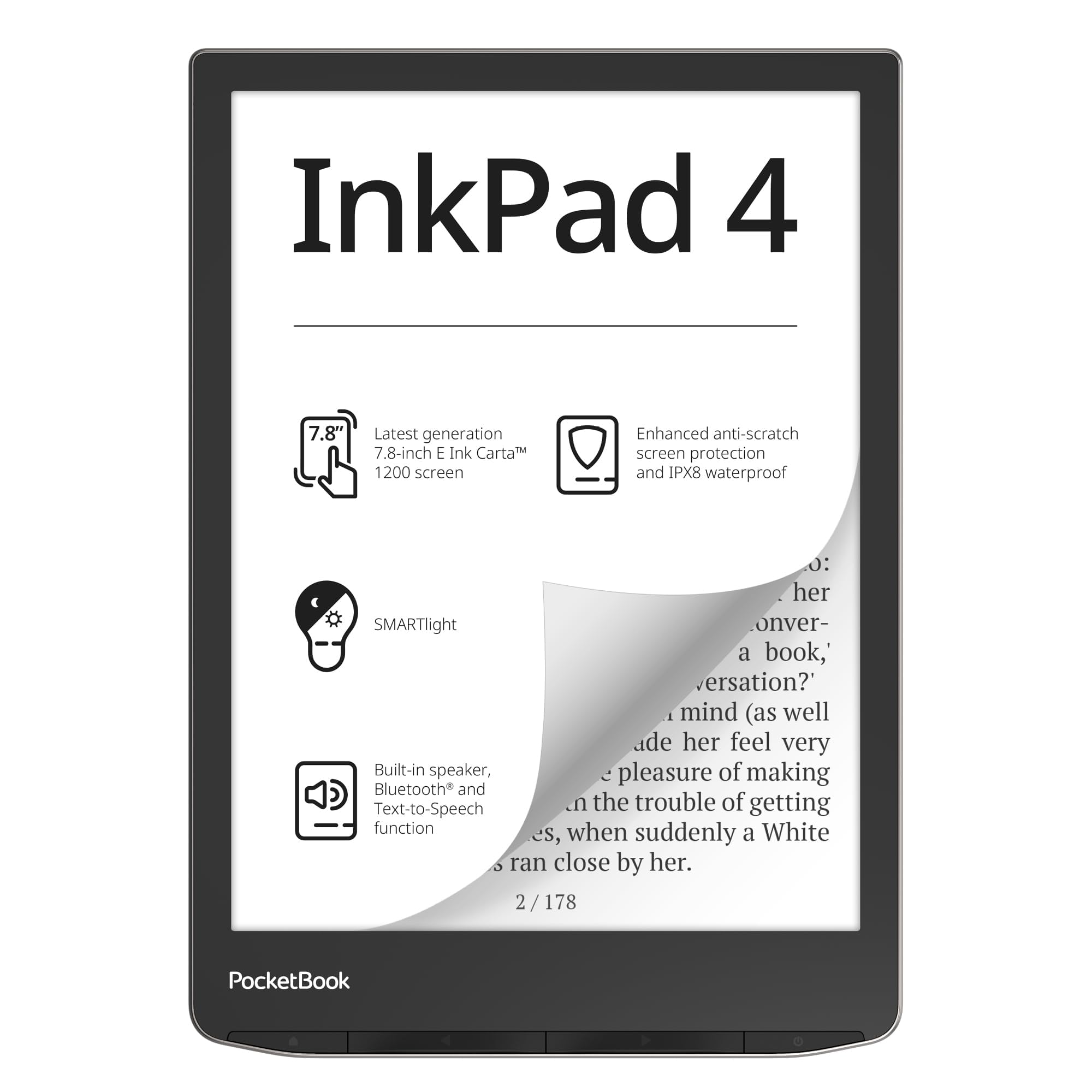 Pocketbook Inkpad 4 | Eye Friendly Audio & E Book Reader | Large 7.8'' E Ink Display | Anti Scratch Protection | Text To Speech 