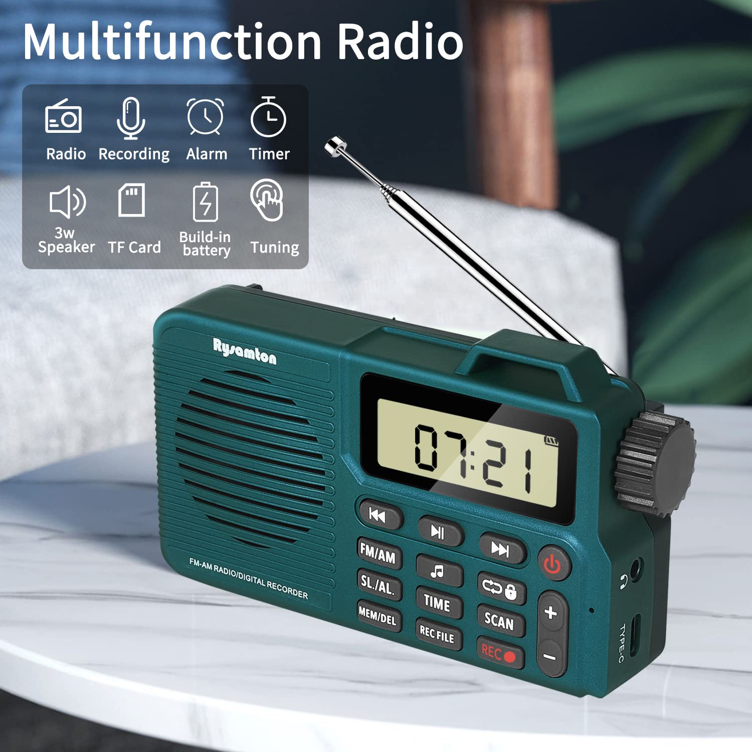Rysamton Portable Am/Fm Radio, Digital Radio Recorder, Bluetooth 5.0 Radio Speaker, Alarm And Sleep Function, 12/24H Time Displa
