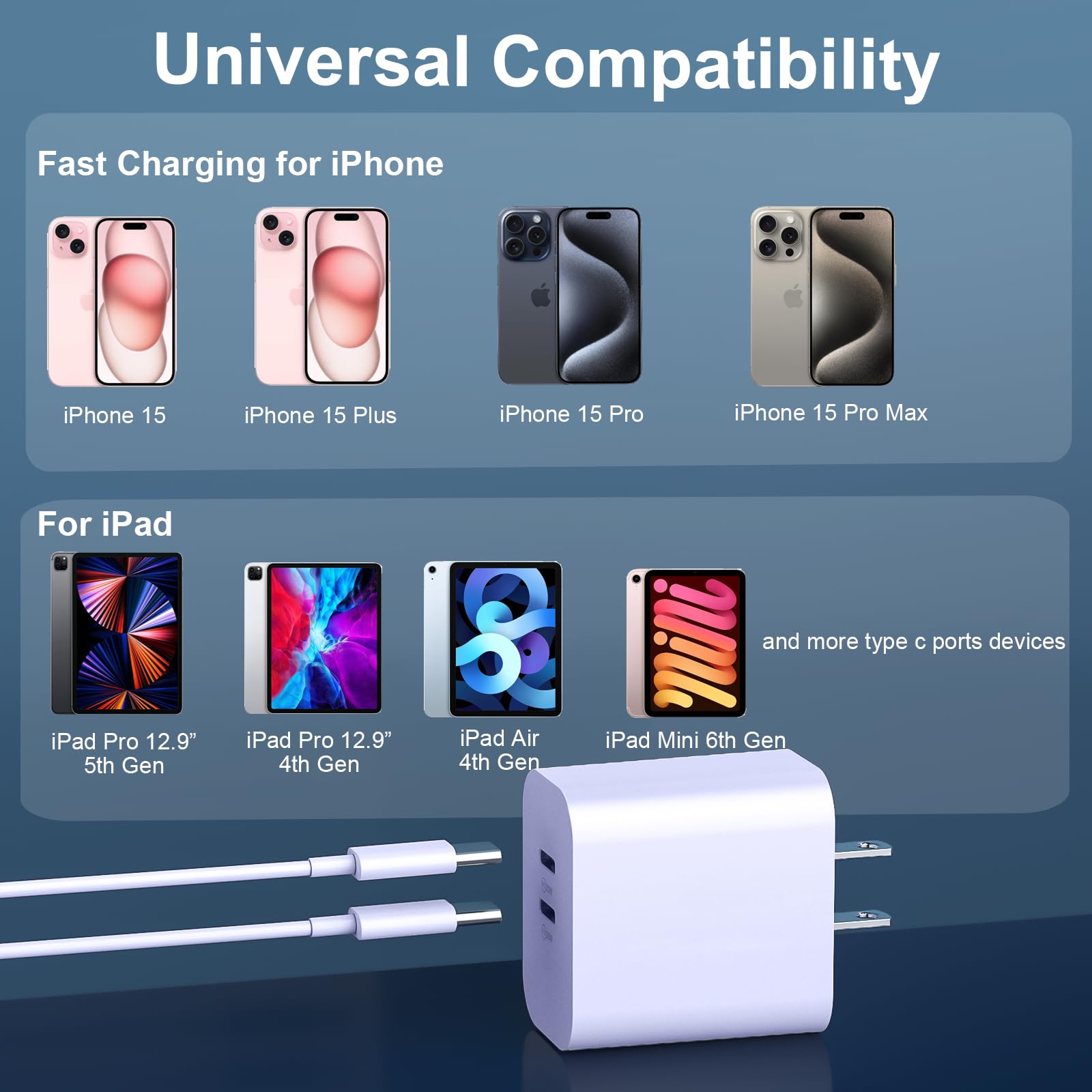 I.Phone 15 Pro Max Charger Cable, 20W Dual Port Usb C Fast Charger Block With 10Ft Long Usb C To C Fast Charging Cord Cable For
