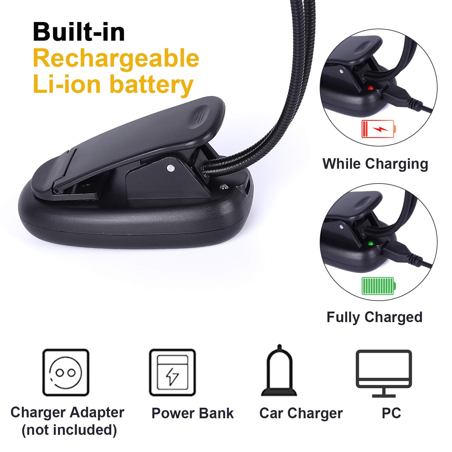 Igoober Rechargeable Music Stand Light, Clip On Reading Light, 8 Led Book Lamp, 3 Level Brightness For Eye Protection, Perfect F