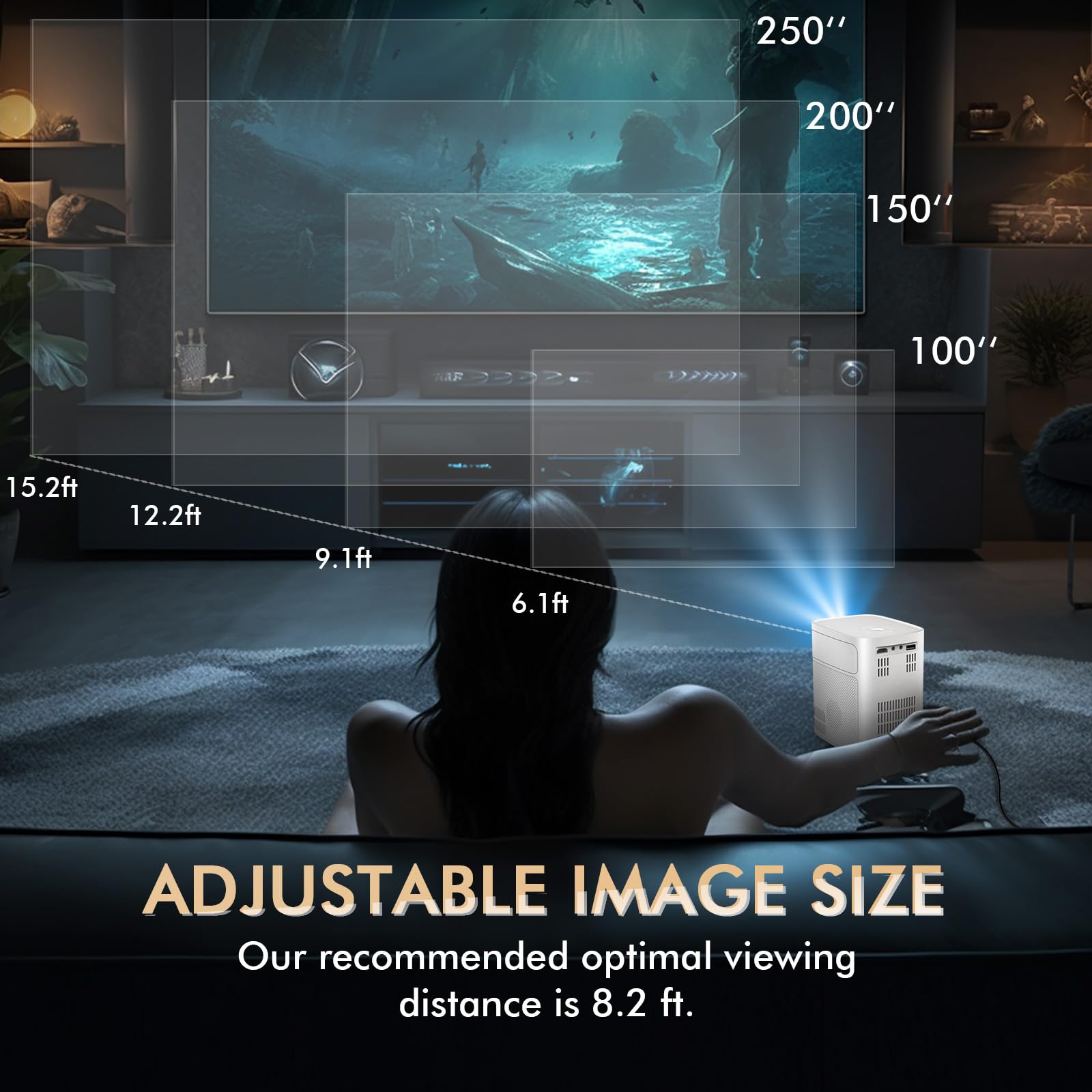 Mini Projector, Max 250'' 17000 Lux Intelligent Eye Protection Portable Projector, Dual Hi Fi Speakers Movie Projector For Home