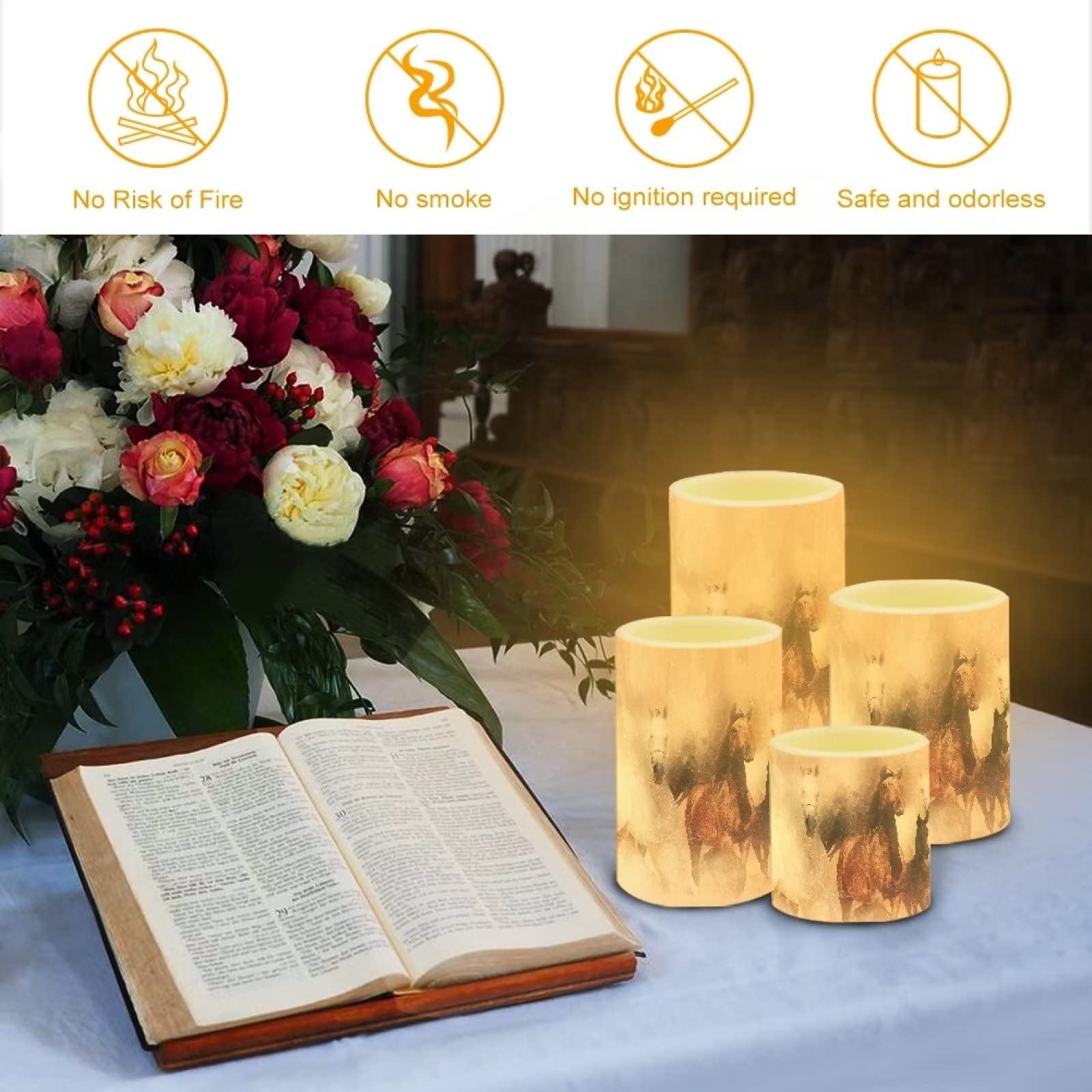 NETILGEN Flameless LED Metal Pillar Candles Battery Operated Color Changing Timer Remote Vintage Horse Set of 4 Assorted Sizes