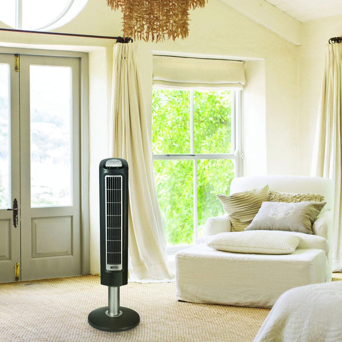 Lasko Wind Tower Oscillating Tower Fan, Remote Control, Timer, 3 Quiet Speeds, For Bedroom, Living Room And Office, 38'' Gray, 2