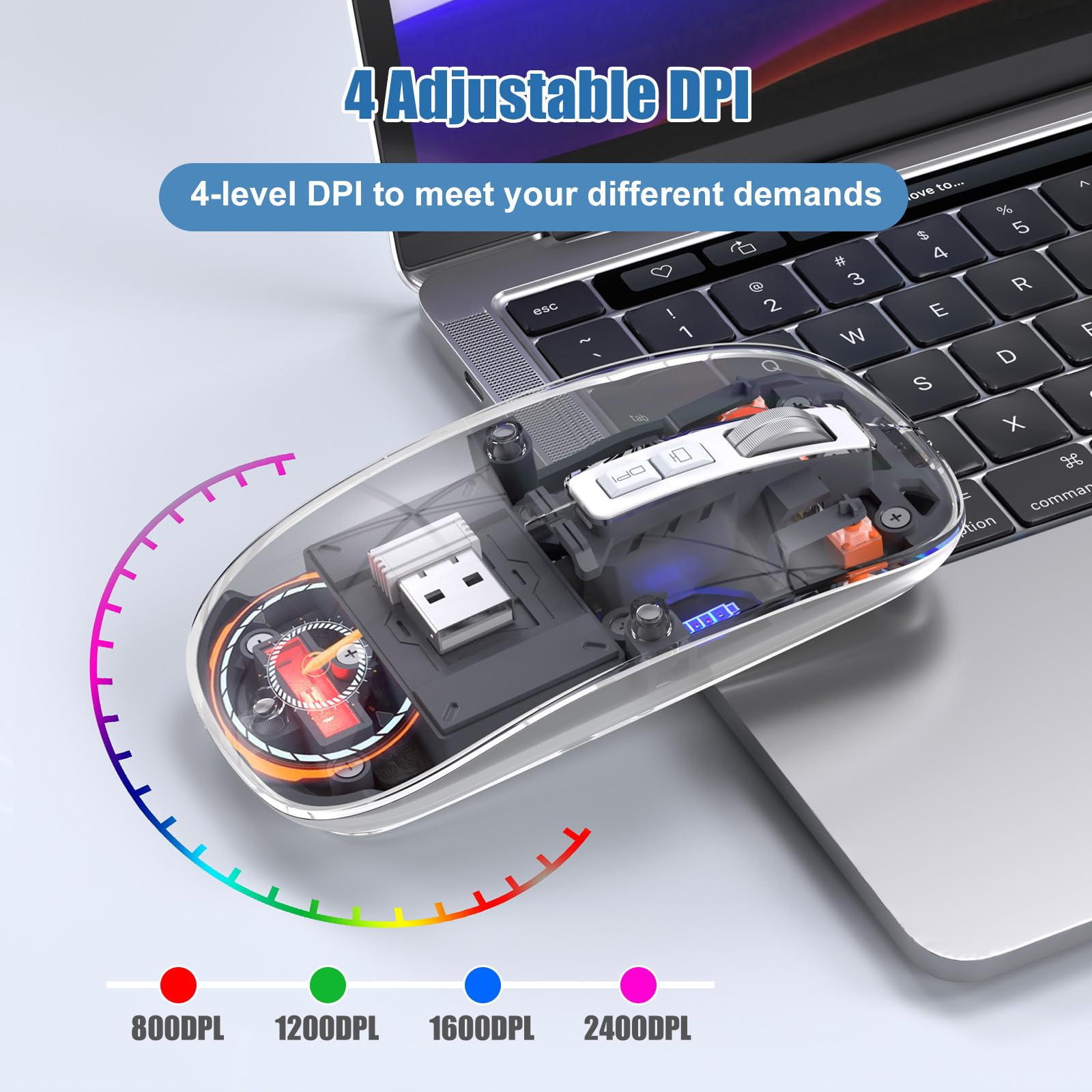 Okimo ?Upgrade? Led Wireless Mouse, Slim Silent Mouse 2.4G Portable Mobile Optical Office Mouse With Usb & Type C Receiver, 3 Adjustable Dpi Levels For Notebook, Pc, Laptop, Computer, Macbook (Clear)