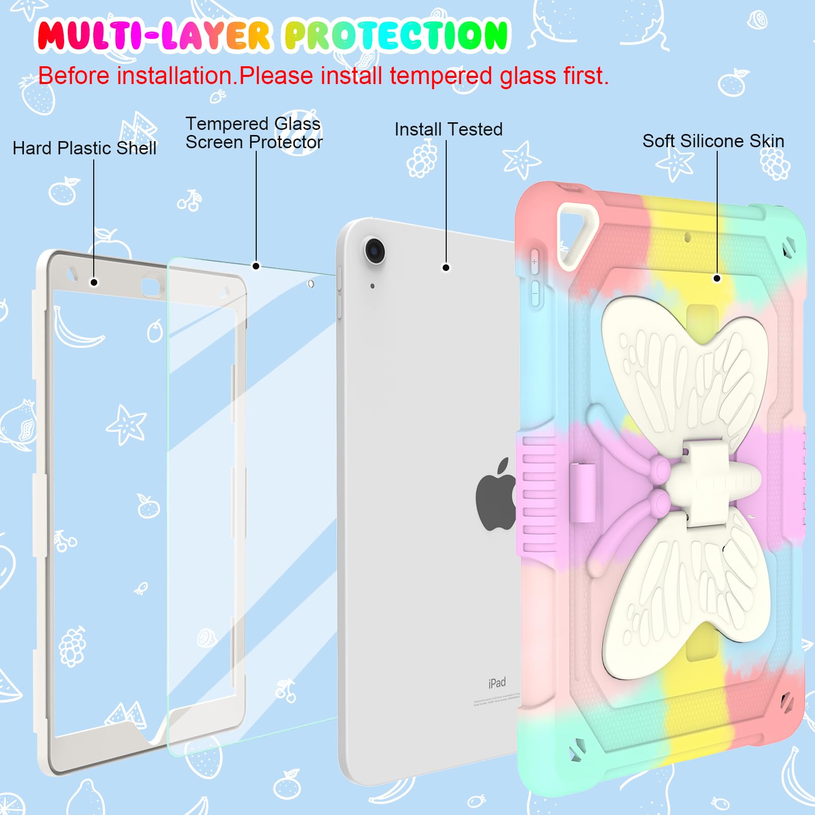 Blosomeet Pink Kids Case For Ipad 9Th/8Th/7Th Generation 2021/2020/2019 10.2 Inch With Tempered Glass Screen Protector & Butterf